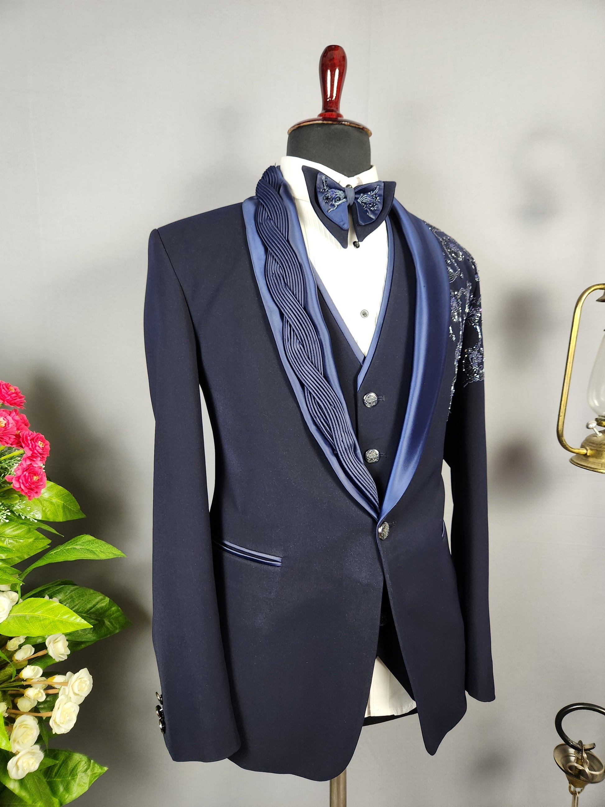 Men's blue tuxedo suit for Indian groom, perfect for wedding and reception wear
