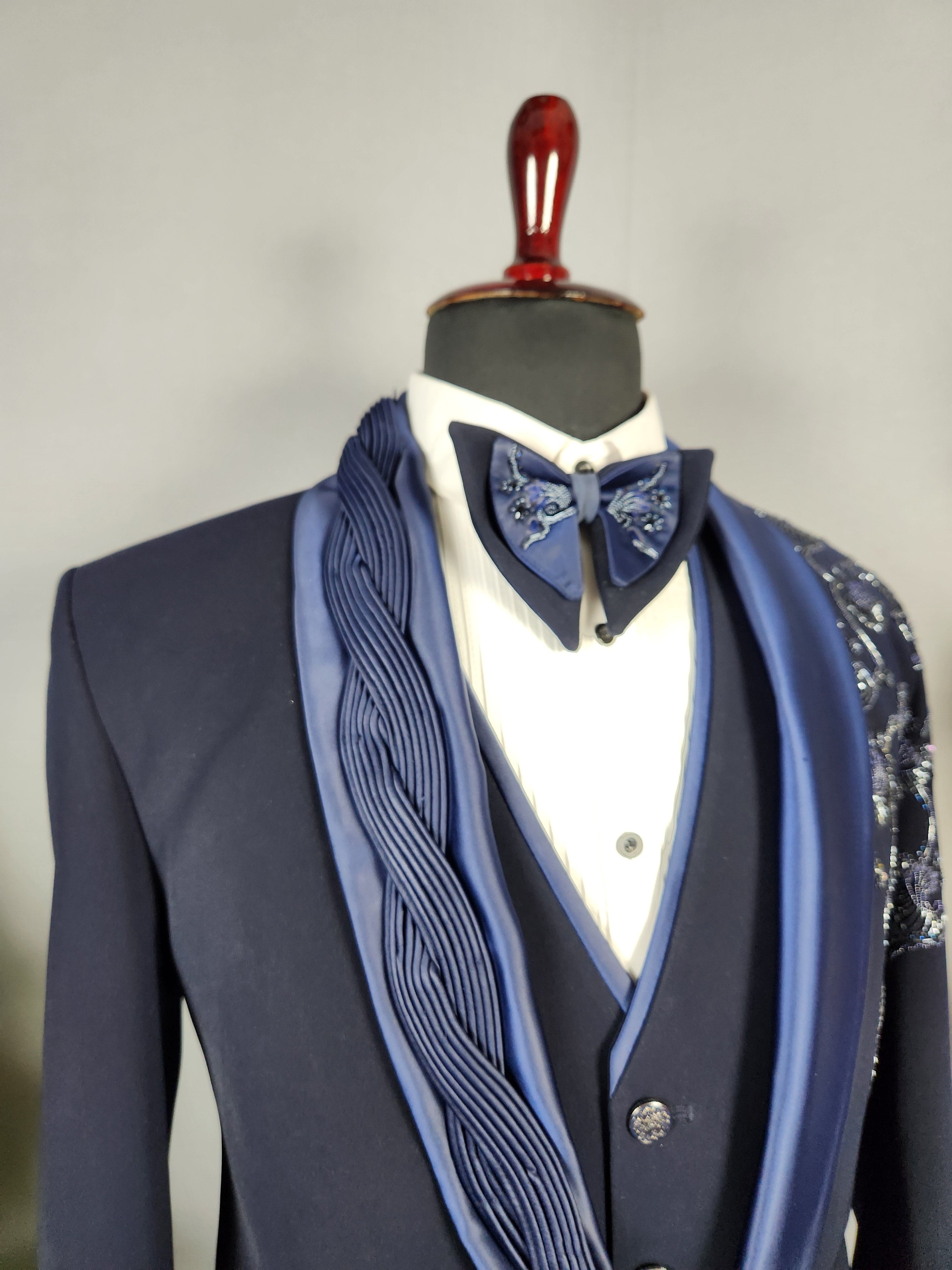 Men's blue tuxedo suit for Indian groom, perfect for wedding and reception wear

