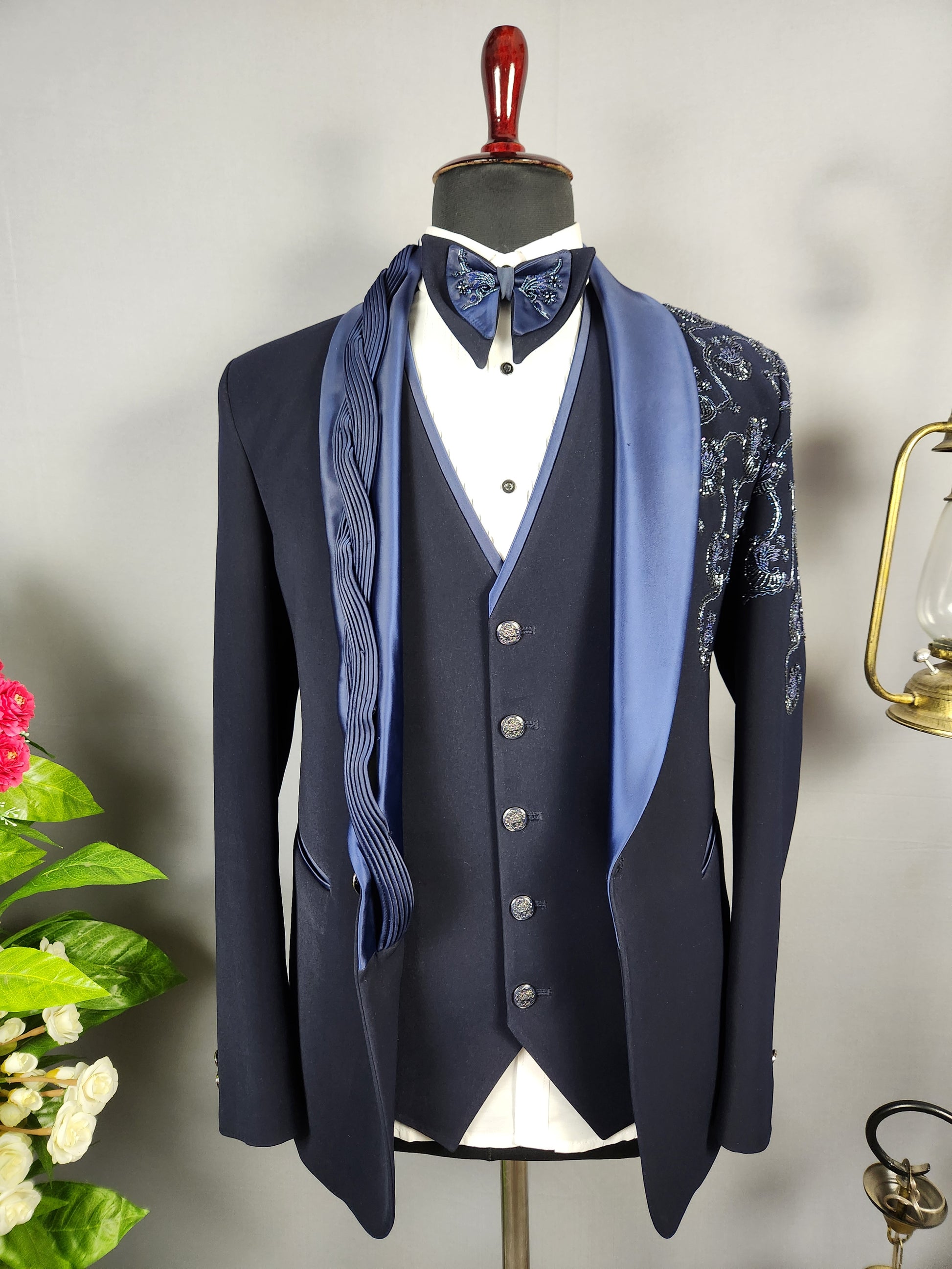 Men's blue tuxedo suit for Indian groom, perfect for wedding and reception wear
