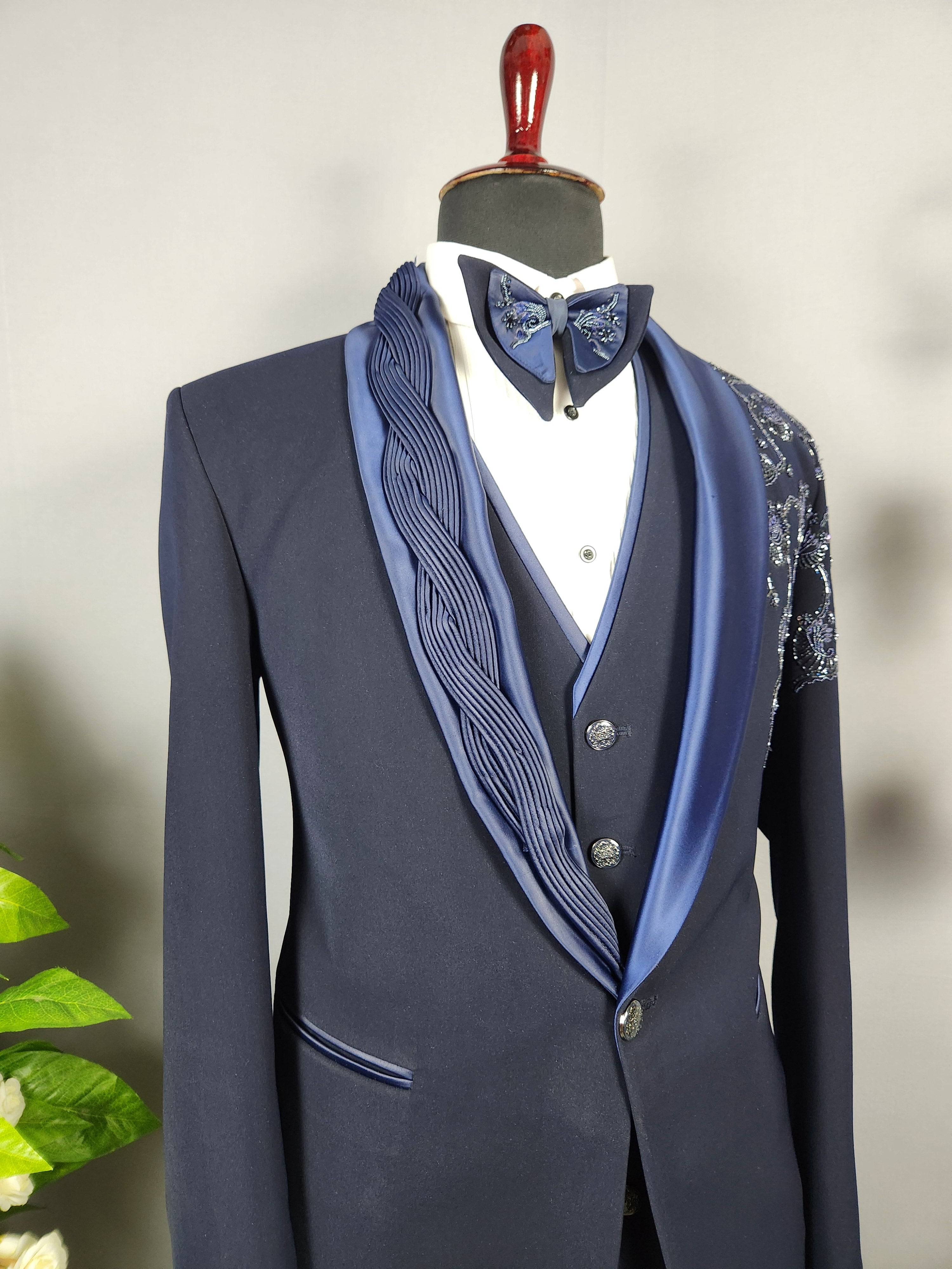 Men's blue tuxedo suit for Indian groom, perfect for wedding and reception wear
