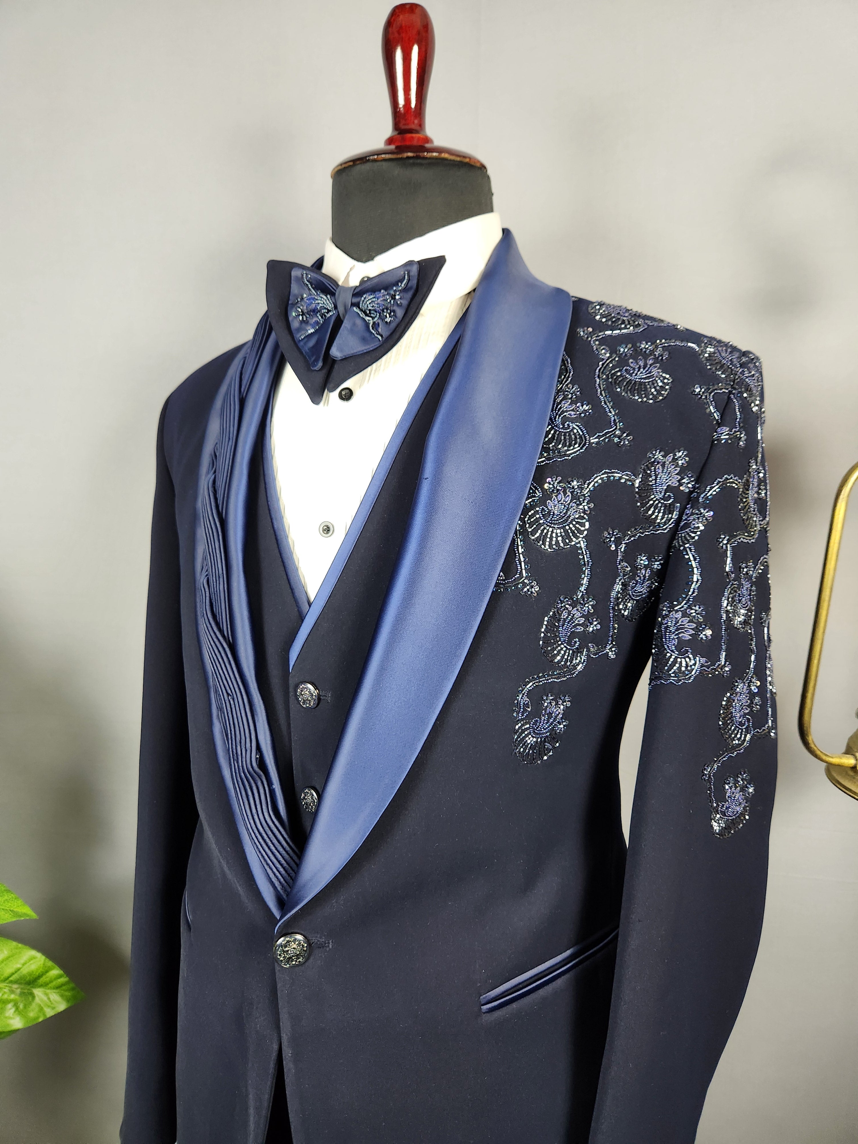Men's blue tuxedo suit for Indian groom, perfect for wedding and reception wear
