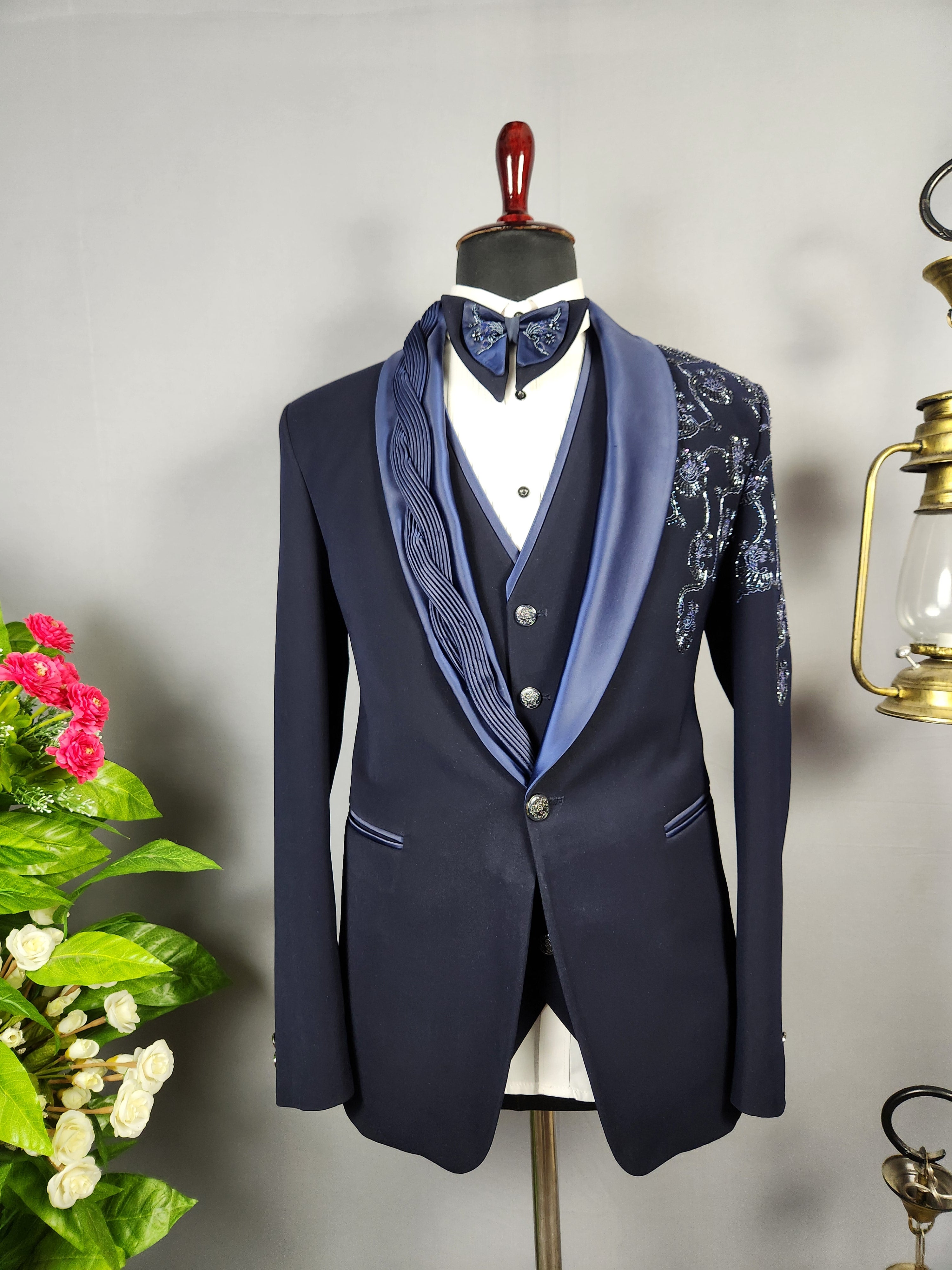 Men's blue tuxedo suit for Indian groom, perfect for wedding and reception wear
