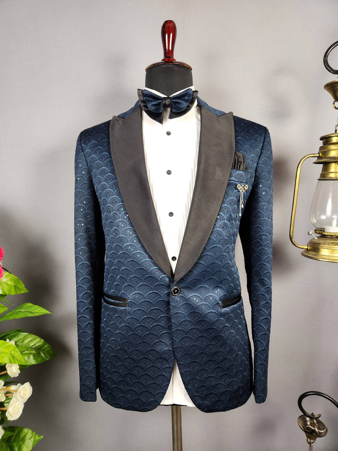 Men's blue tuxedo suit for Indian groom, perfect for wedding and reception wear

