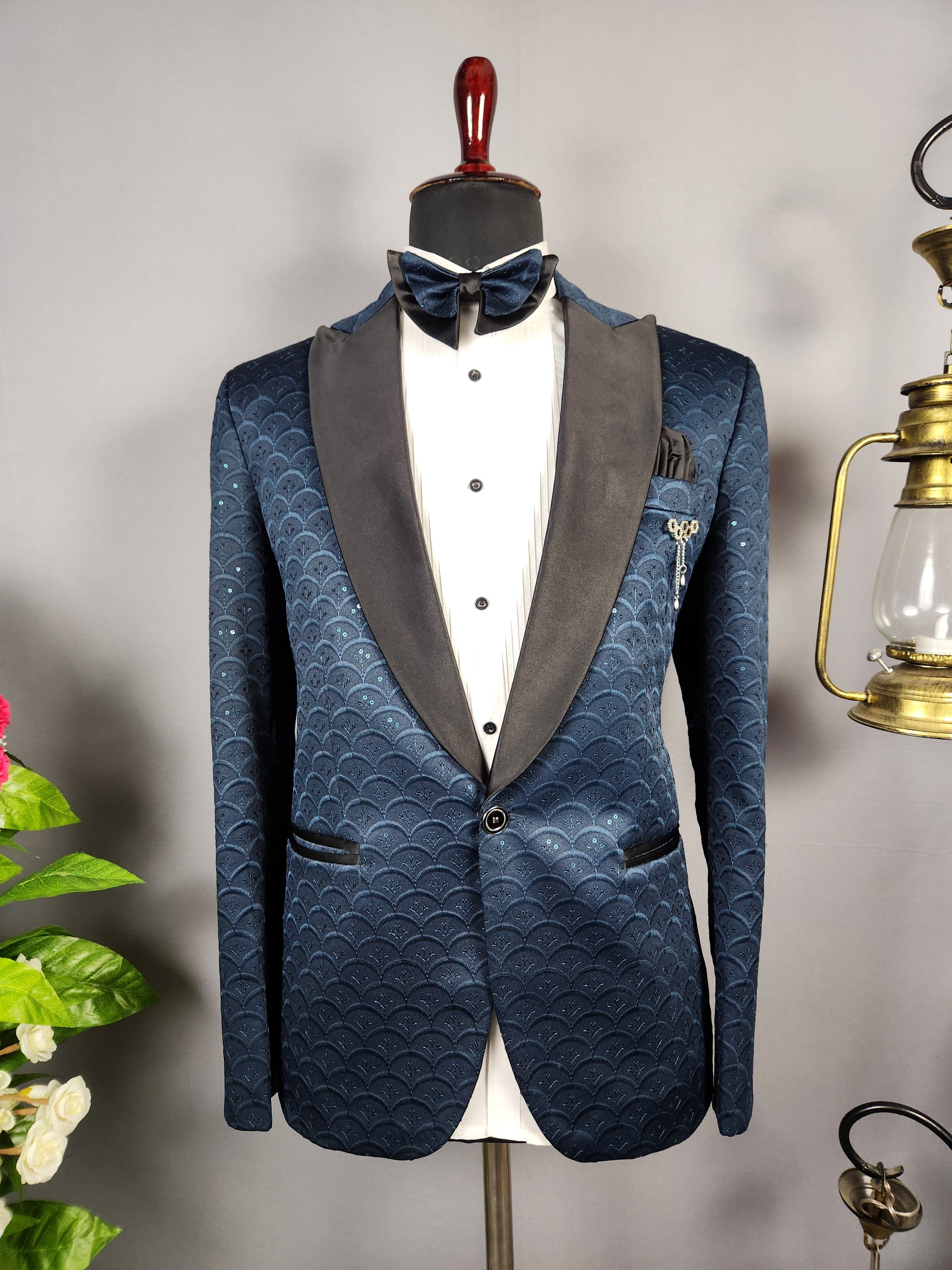 Men's blue tuxedo suit for Indian groom, perfect for wedding and reception wear
