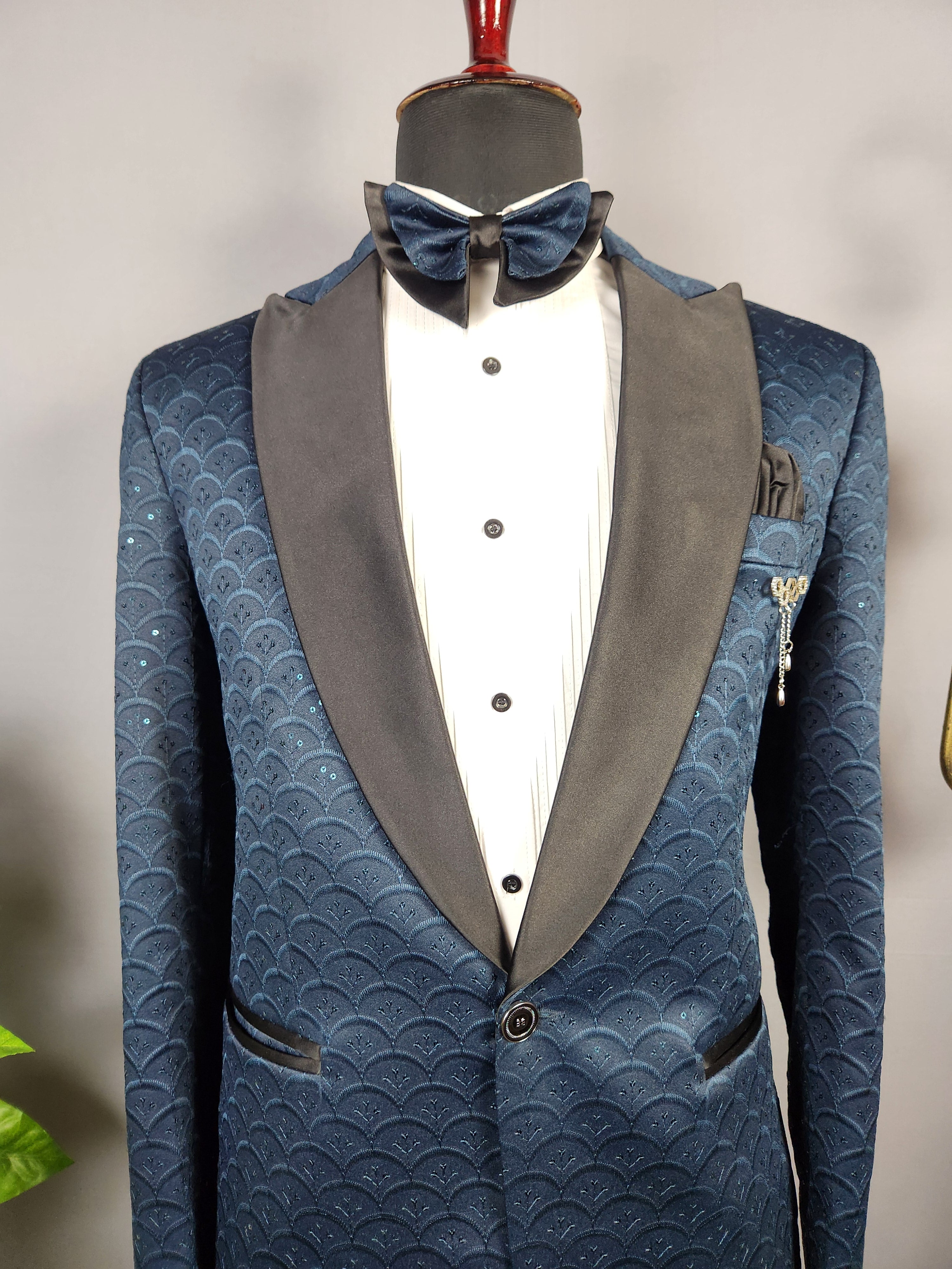 Men's blue tuxedo suit for Indian groom, perfect for wedding and reception wear
