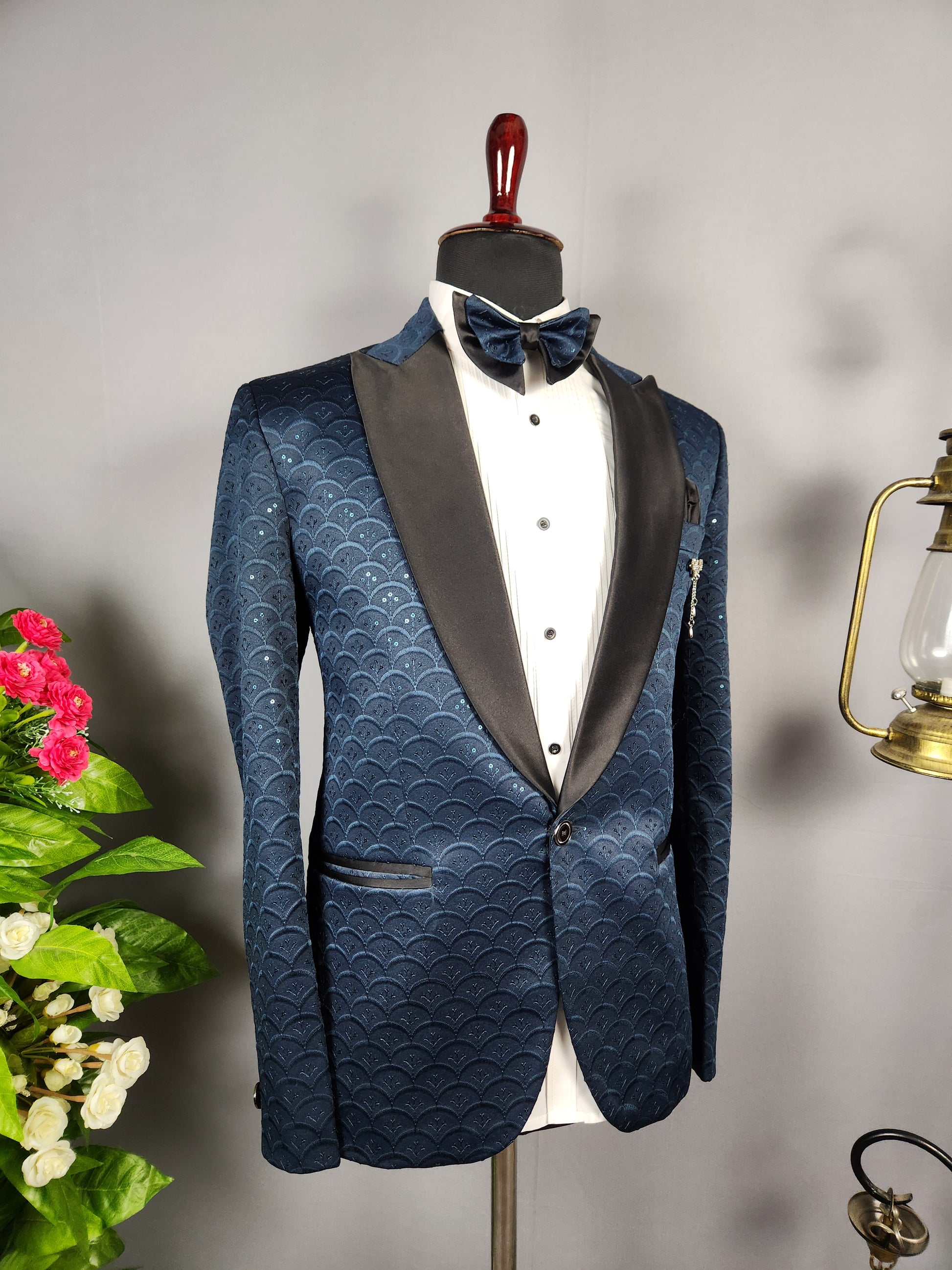 Men's blue tuxedo suit for Indian groom, perfect for wedding and reception wear
