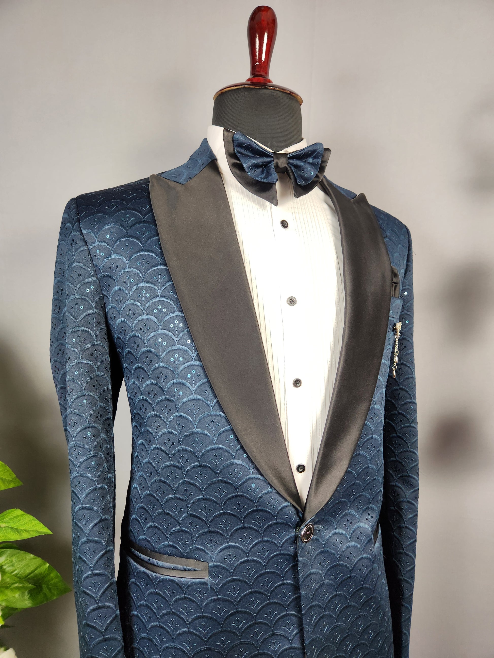 Men's blue tuxedo suit for Indian groom, perfect for wedding and reception wear
