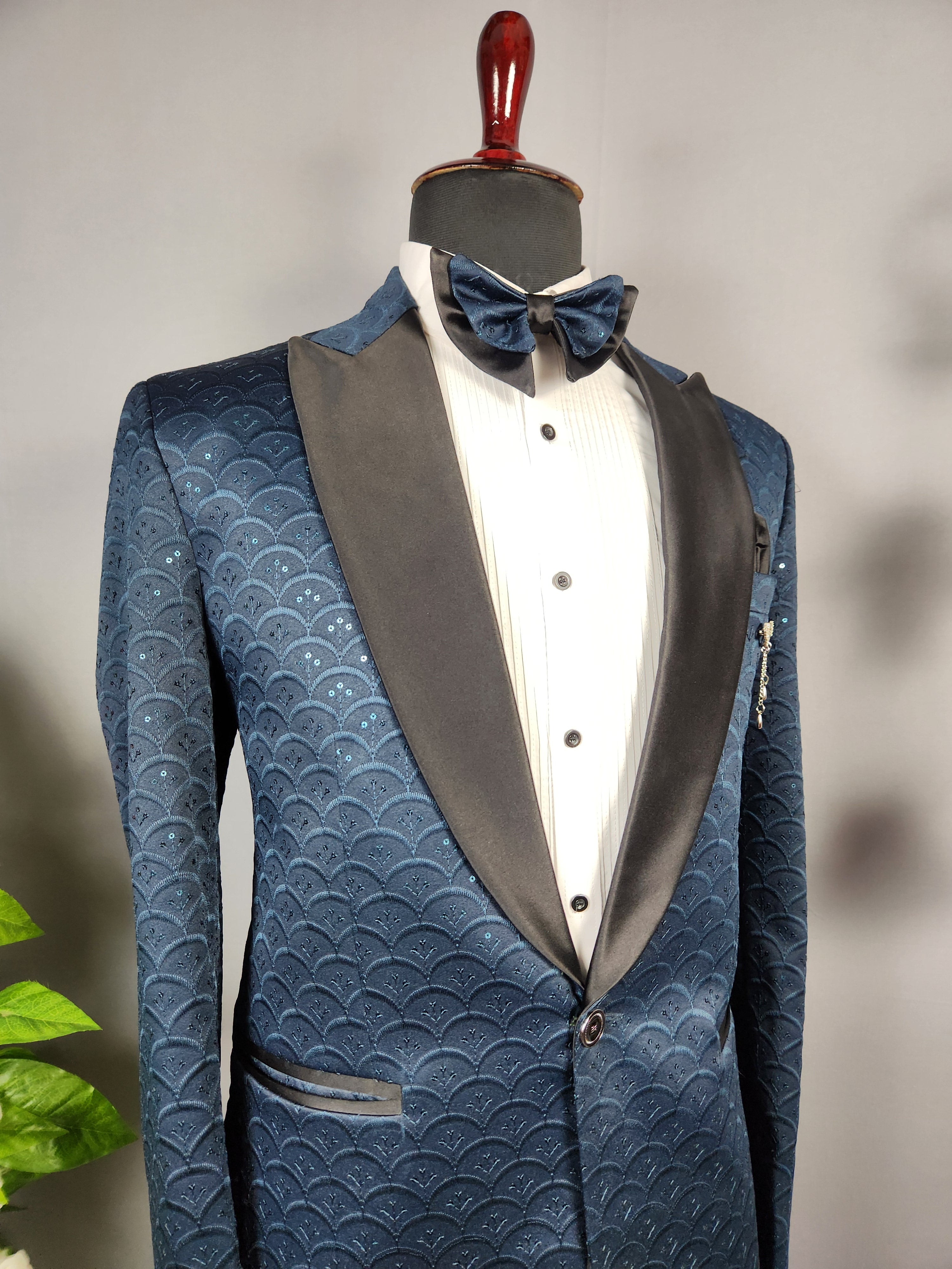 Men's blue tuxedo suit for Indian groom, perfect for wedding and reception wear
