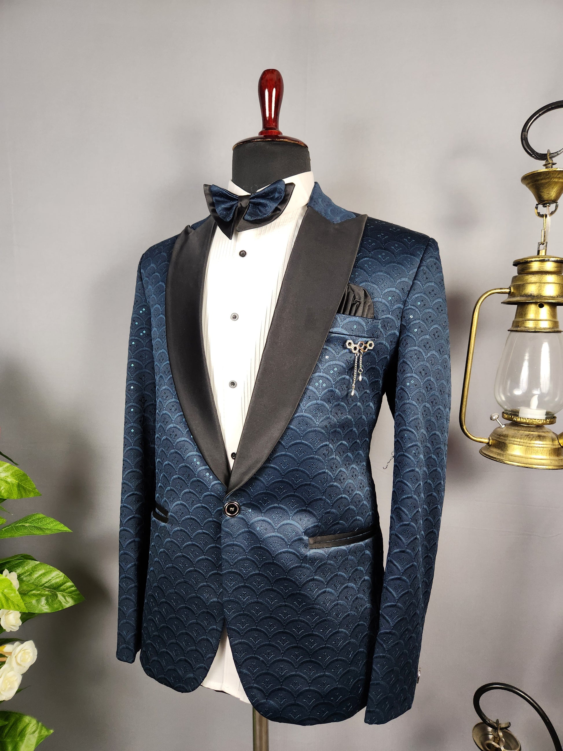 Men's blue tuxedo suit for Indian groom, perfect for wedding and reception wear
