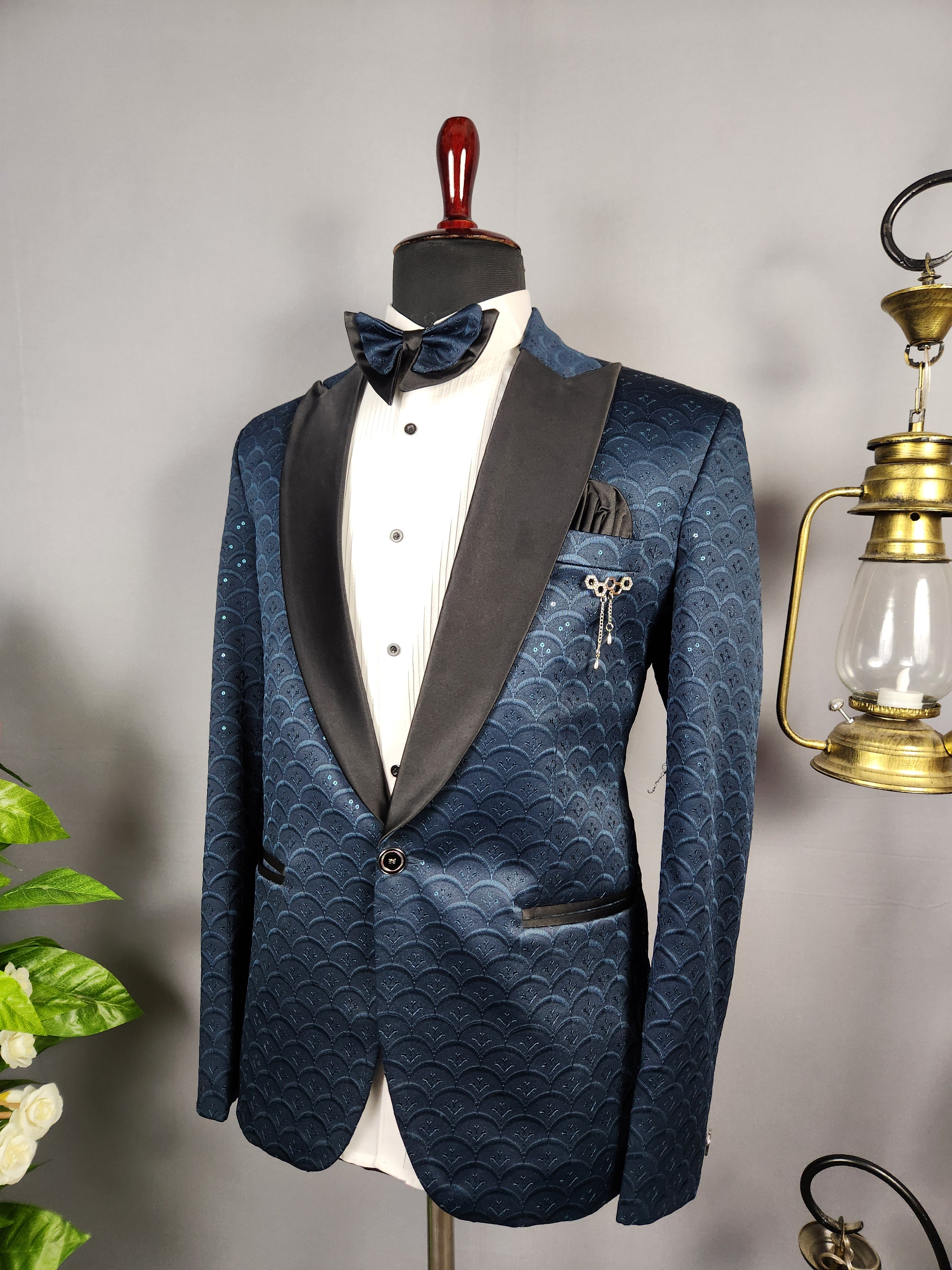 Men's blue tuxedo suit for Indian groom, perfect for wedding and reception wear
