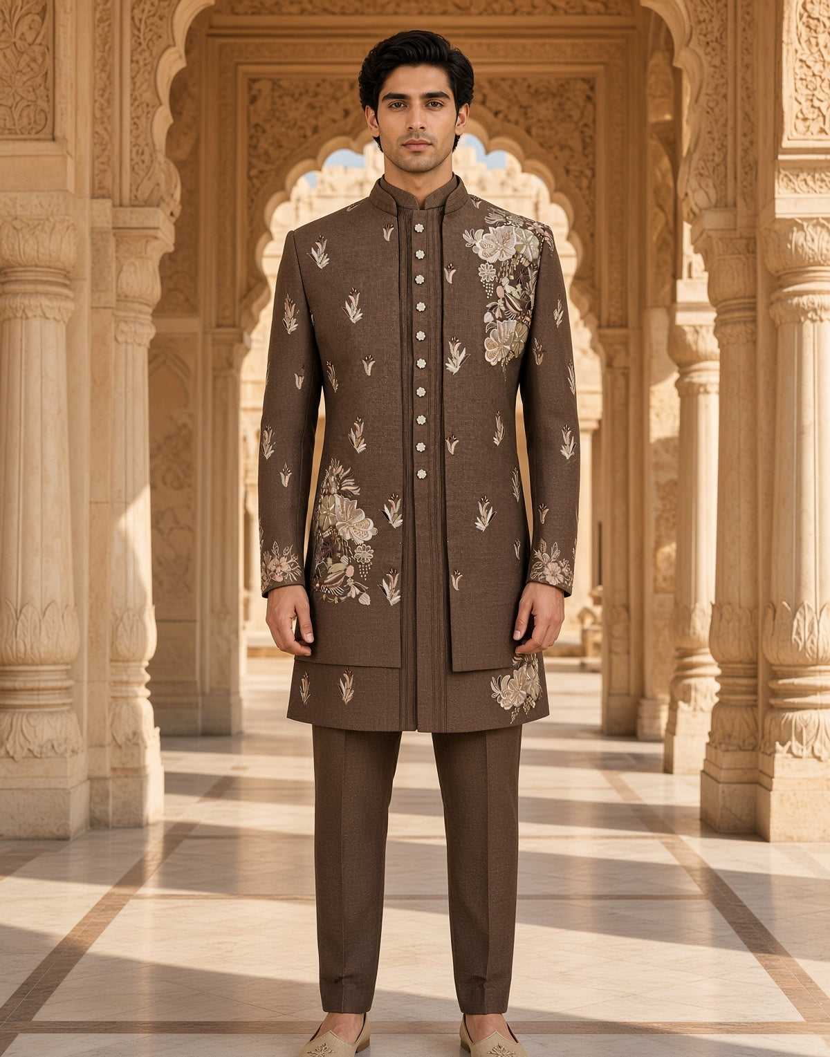 A man stands in a grand architectural corridor wearing a brown embroidered sherwani jacket with matching trousers and beige shoes. The outfit features ornate floral embroidery on the chest, sleeves, and cuffs
