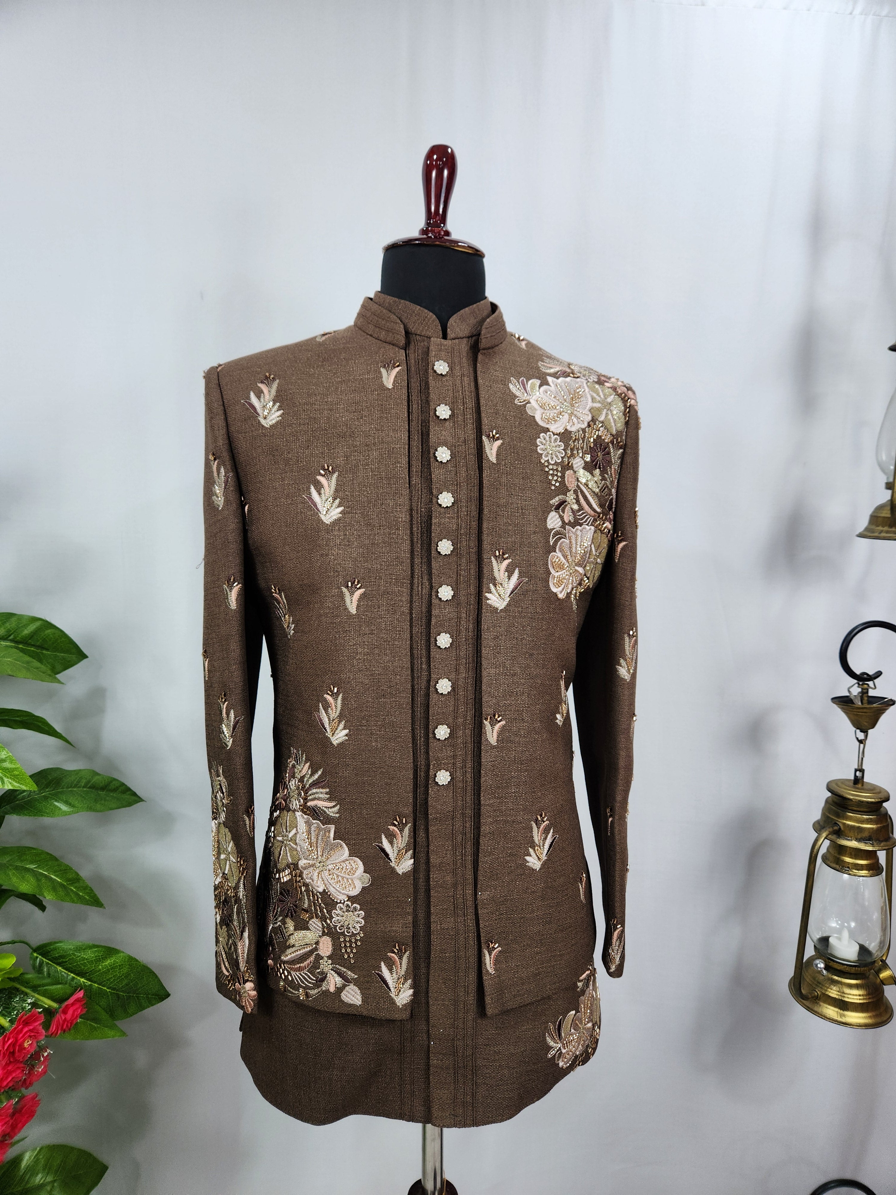 Brown Indo-Western Sherwani for Men | Indian Groom Wedding Outfit