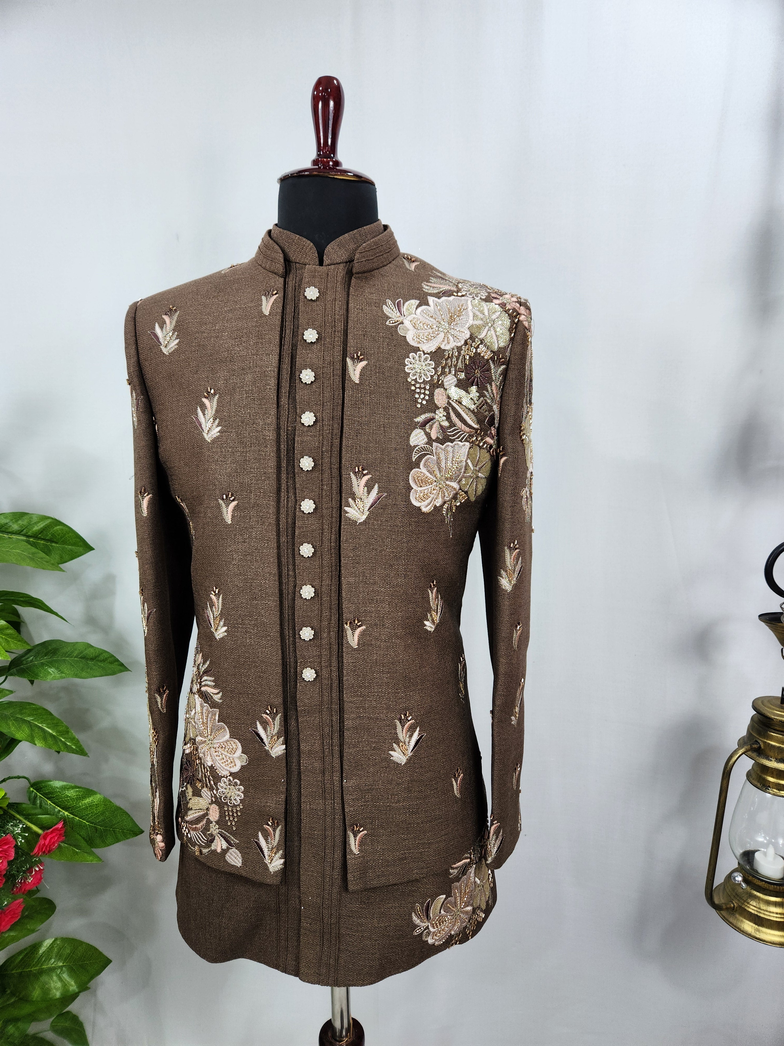 Brown Indo-Western Sherwani for Men | Indian Groom Wedding Outfit
