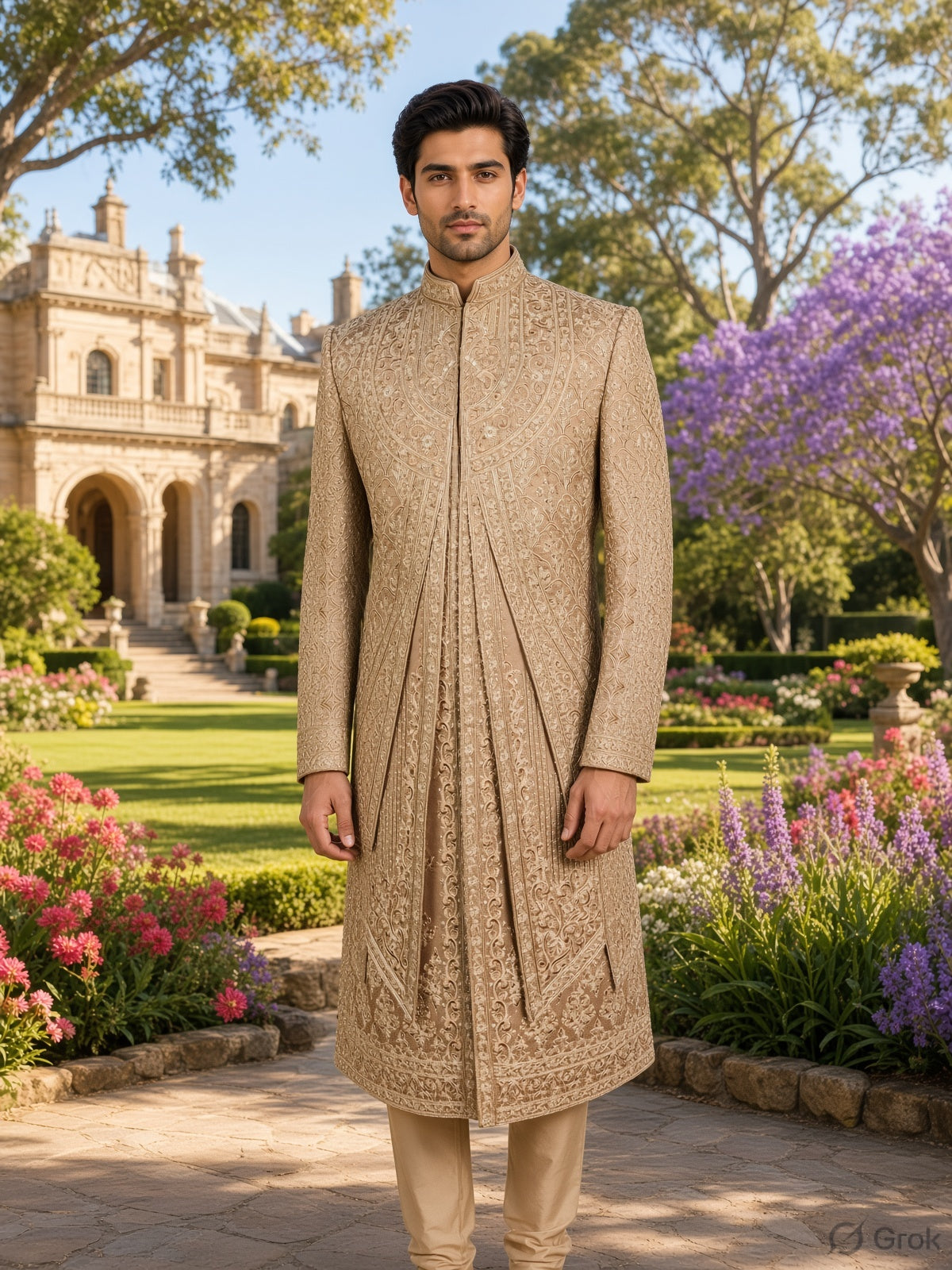 Golden Brown Groom Sherwani - Zari Embroidery | Sherwani For Men