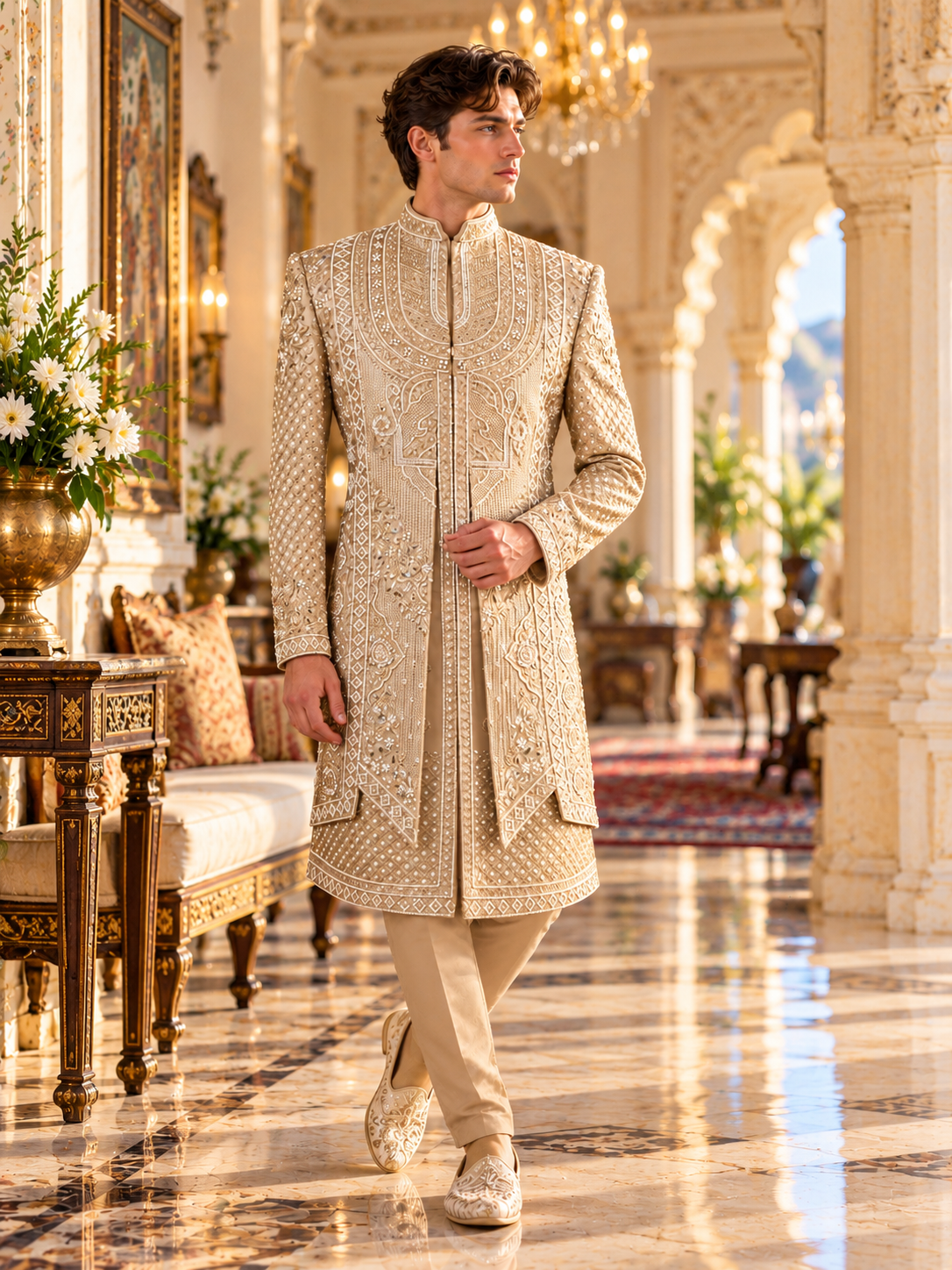 Golden Brown Groom Sherwani - Beads Studded Layered Style | Sherwani For Men