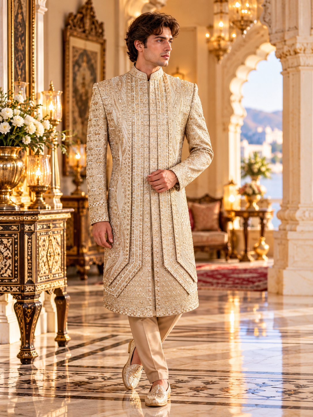 Golden Brown Groom Sherwani - Beads Studded Triple Layered Style | Sherwani For Men
