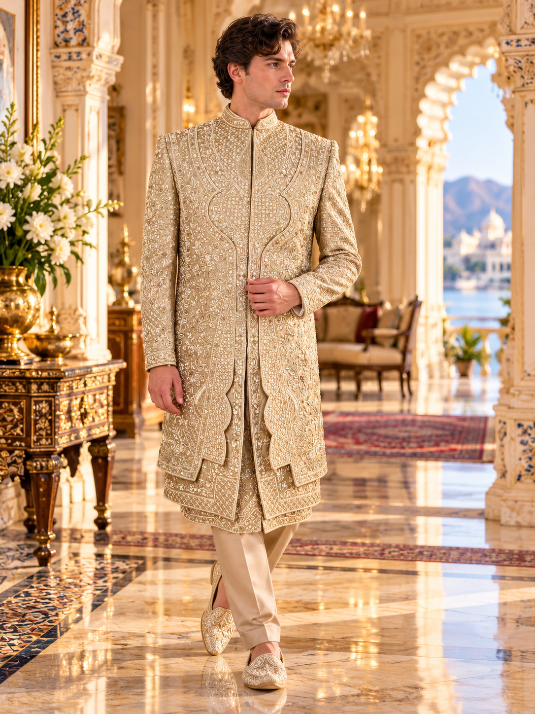 Golden Brown Groom Sherwani - Beads Studded Triple Layered Kurta Style | Sherwani For Men