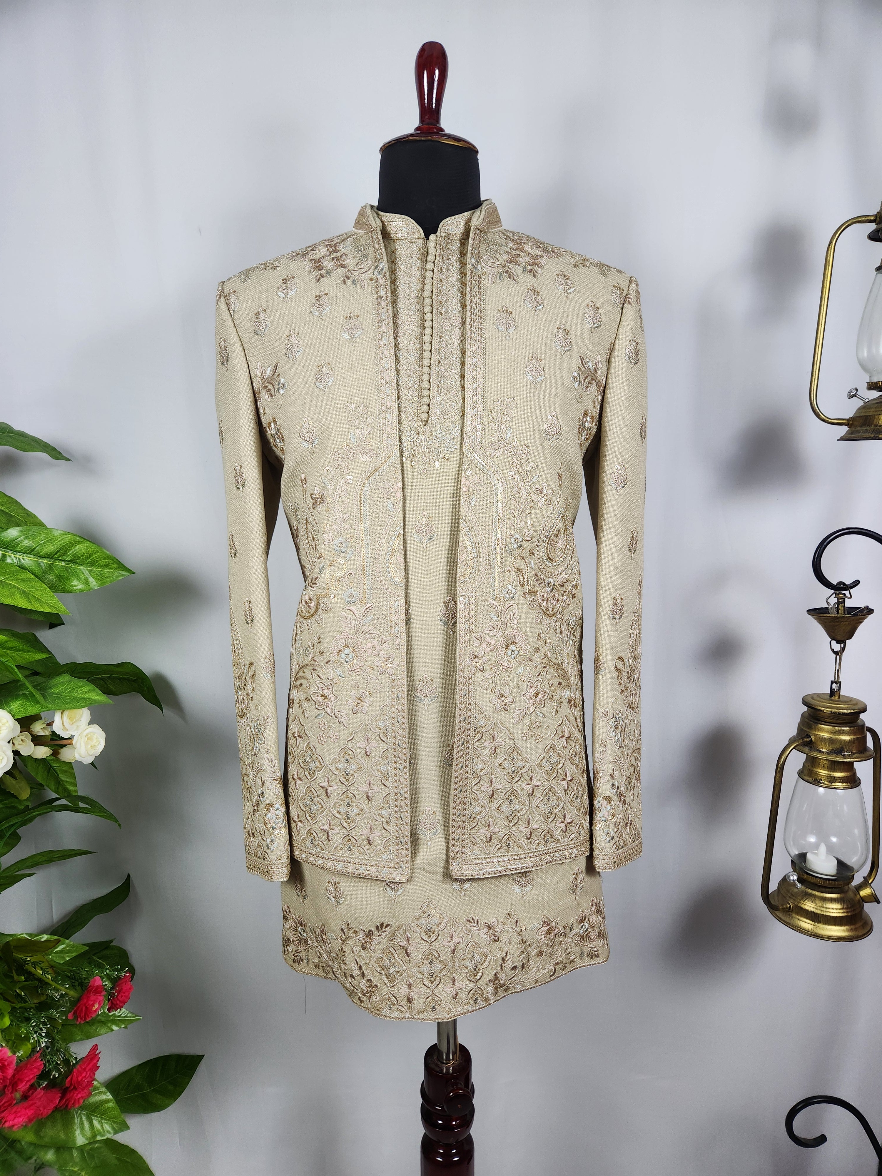 Champagne Beige Indo-Western Sherwani for Men | Indian Groom Wedding Outfit