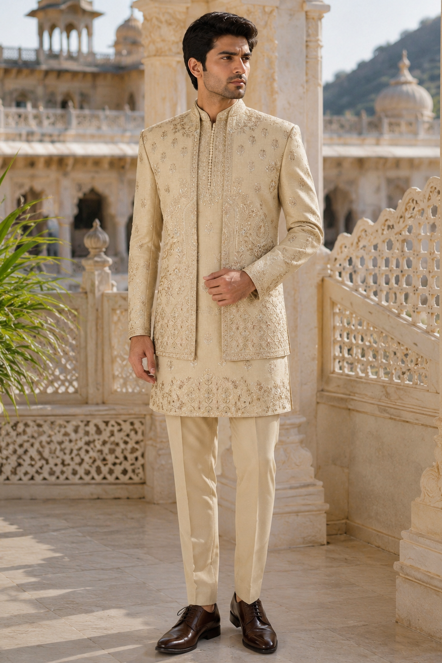 A man wearing a cream-colored embroidered sherwani jacket with matching trousers and dark brown dress shoes, standing on a stone balcony with a traditional palace in the background.