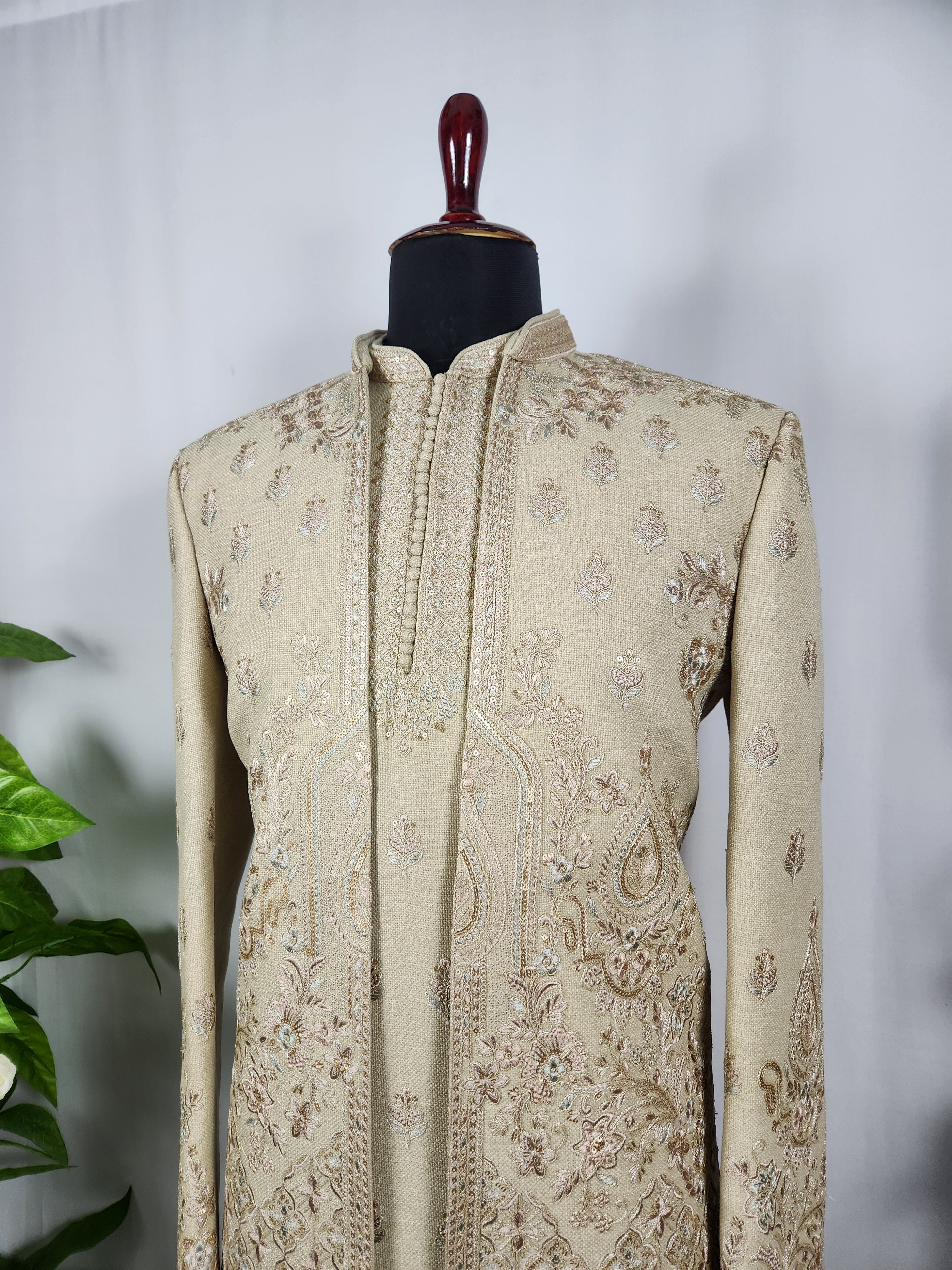 Champagne Beige Indo-Western Sherwani for Men | Indian Groom Wedding Outfit