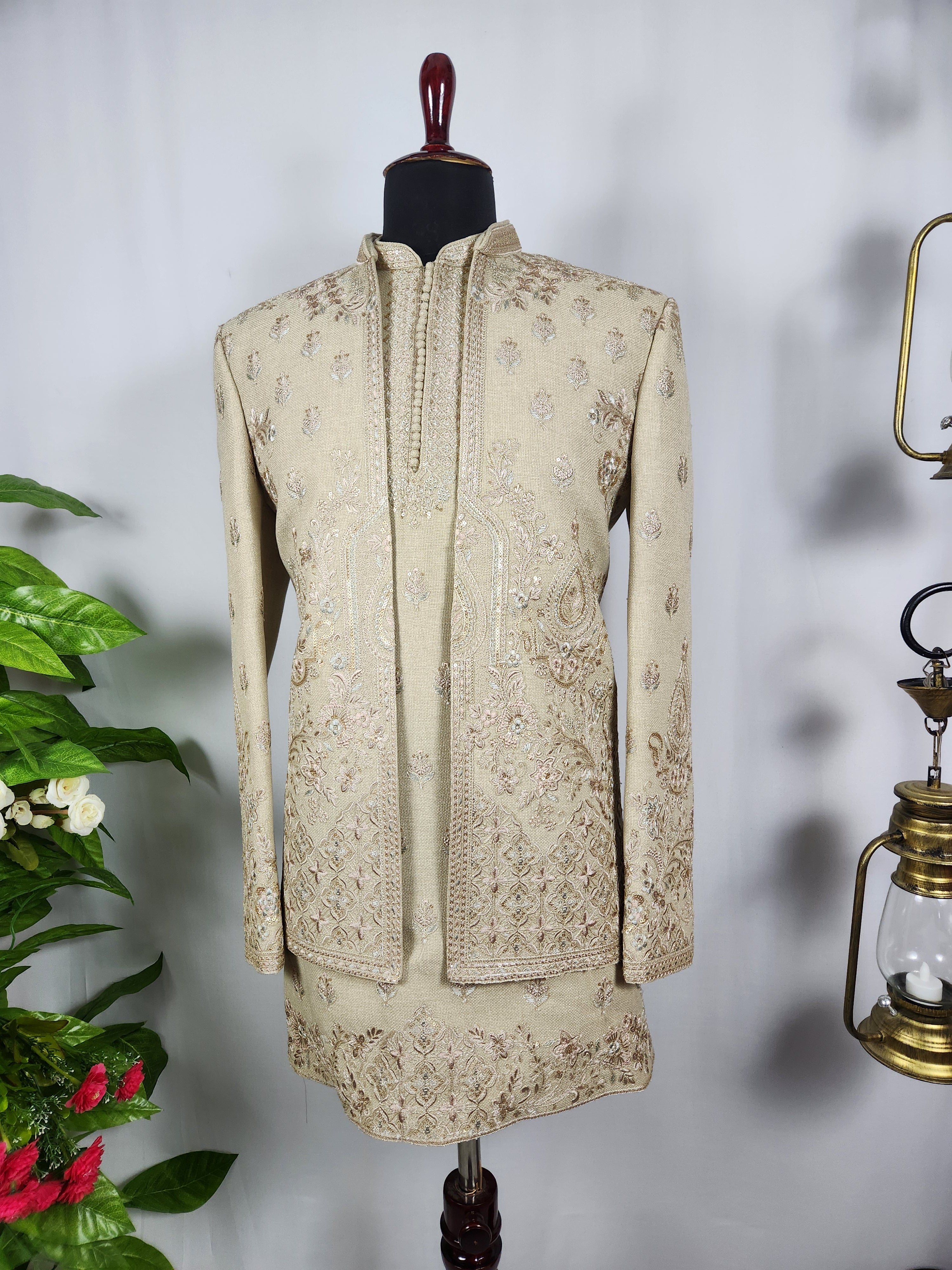 Champagne Beige Indo-Western Sherwani for Men | Indian Groom Wedding Outfit