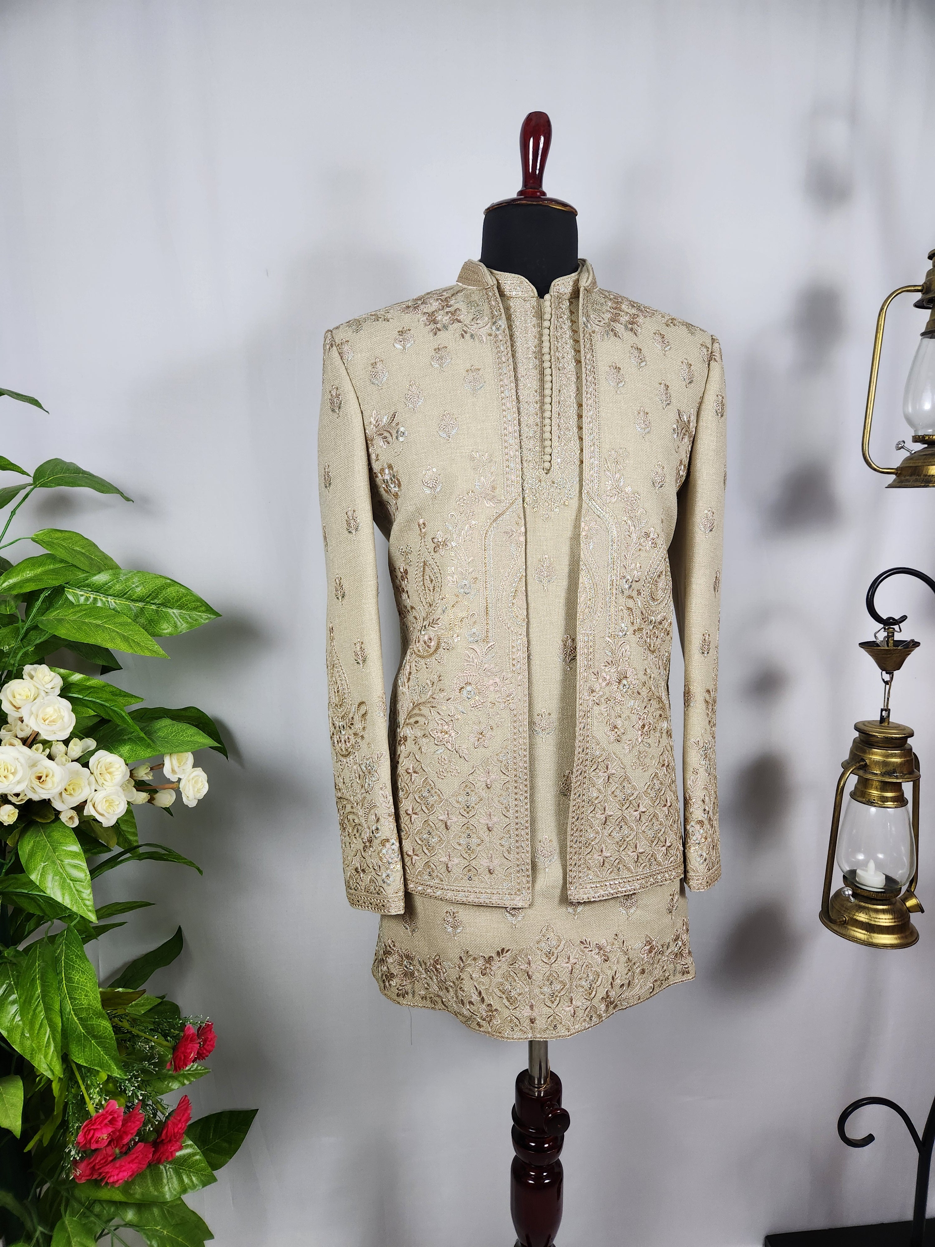 Champagne Beige Indo-Western Sherwani for Men | Indian Groom Wedding Outfit