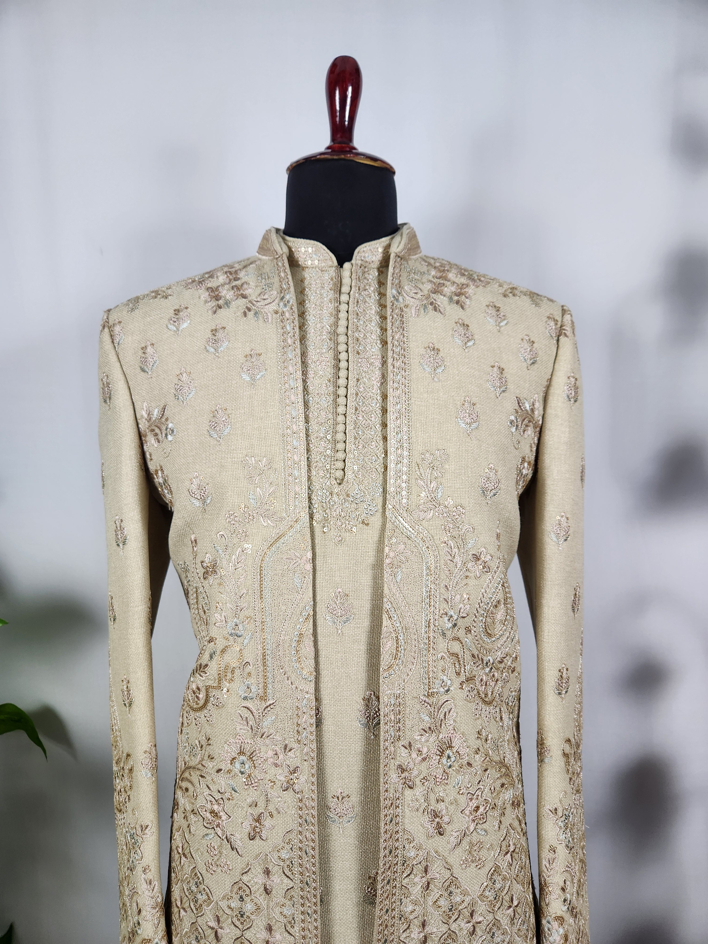 Champagne Beige Indo-Western Sherwani for Men | Indian Groom Wedding Outfit