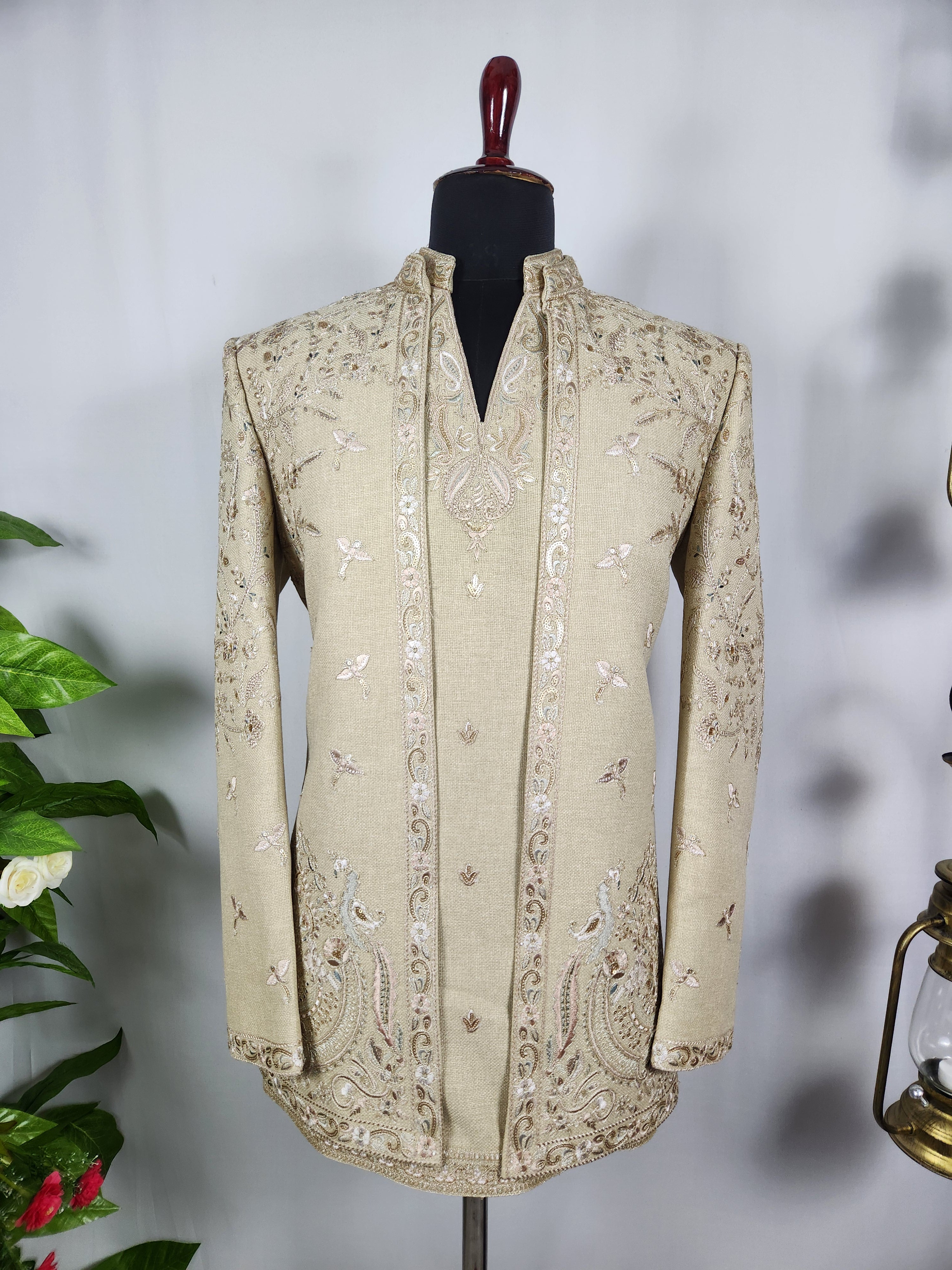 Champagne Beige Indo-Western Sherwani for Men | Indian Groom Wedding Outfit