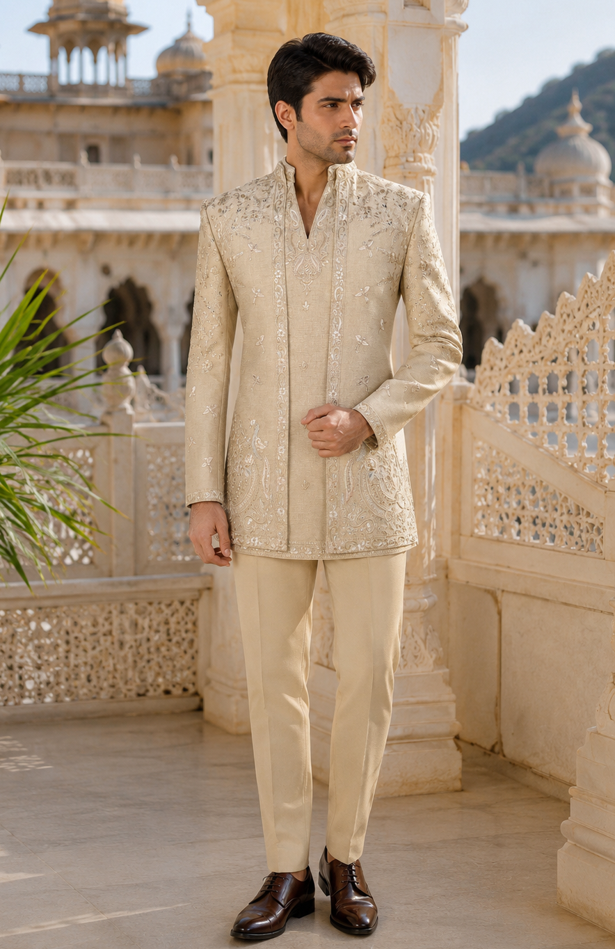 A man modeling a cream-colored embroidered sherwani jacket with matching trousers and dark brown dress shoes, standing on a stone balcony with a palace in the background..