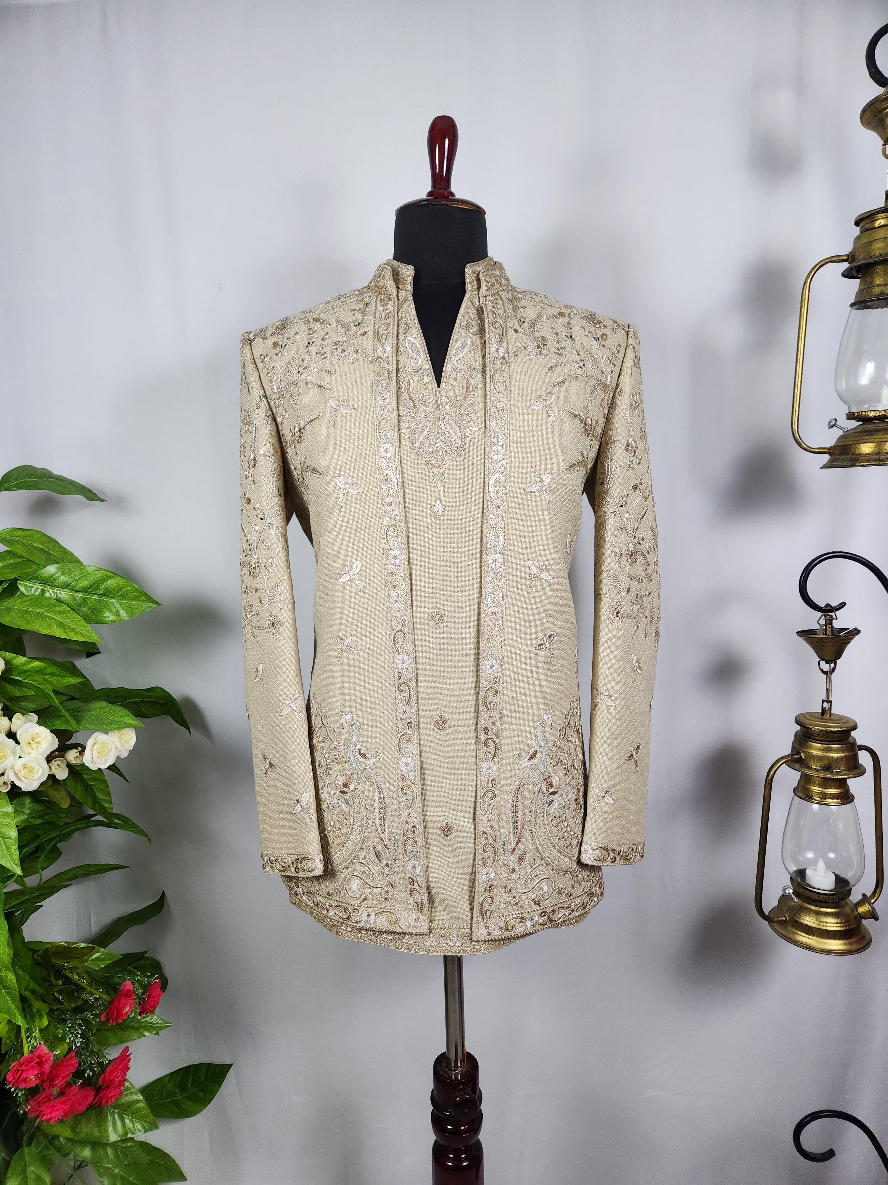 Champagne Beige Indo-Western Sherwani for Men | Indian Groom Wedding Outfit