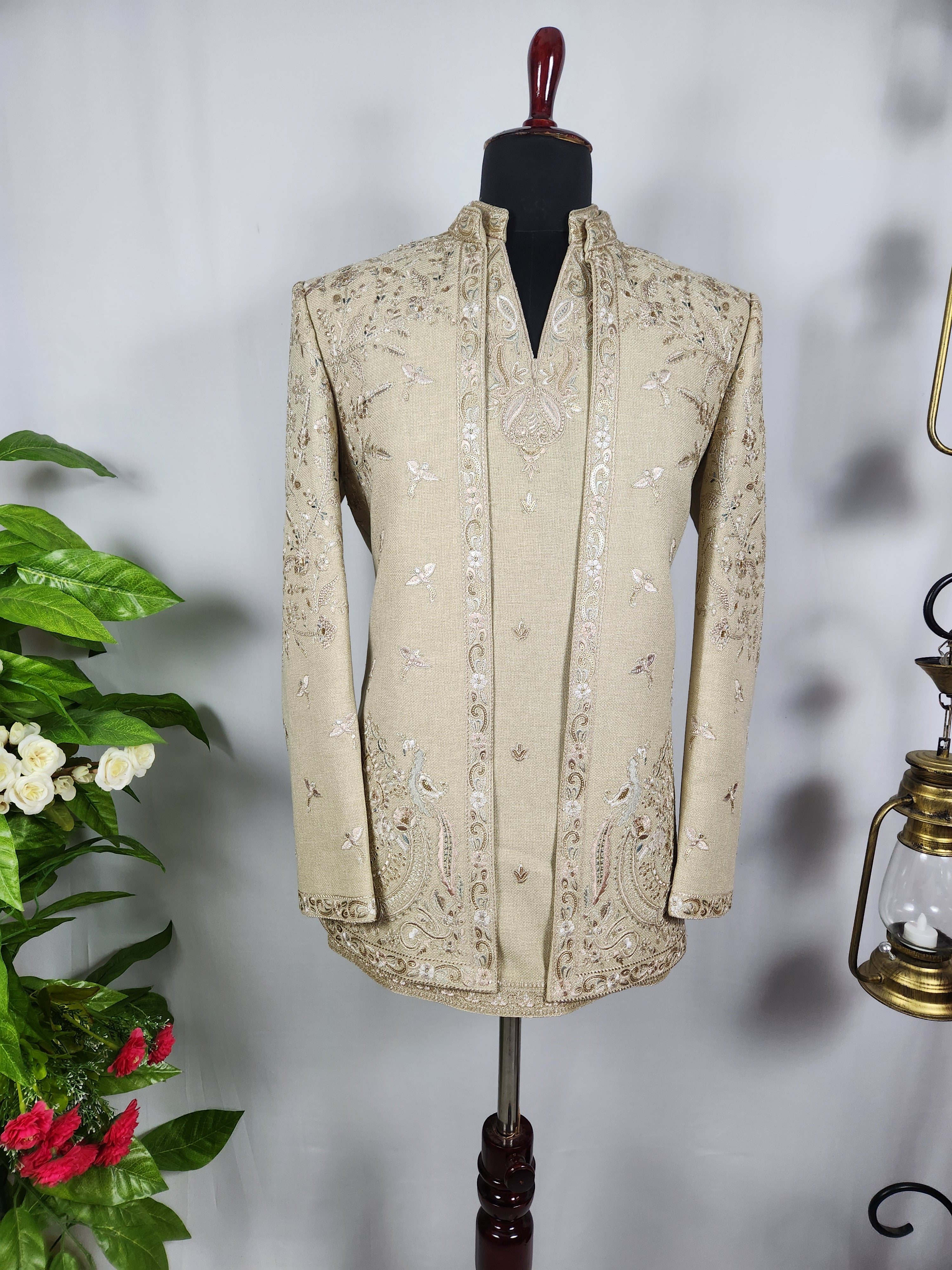 Champagne Beige Indo-Western Sherwani for Men | Indian Groom Wedding Outfit