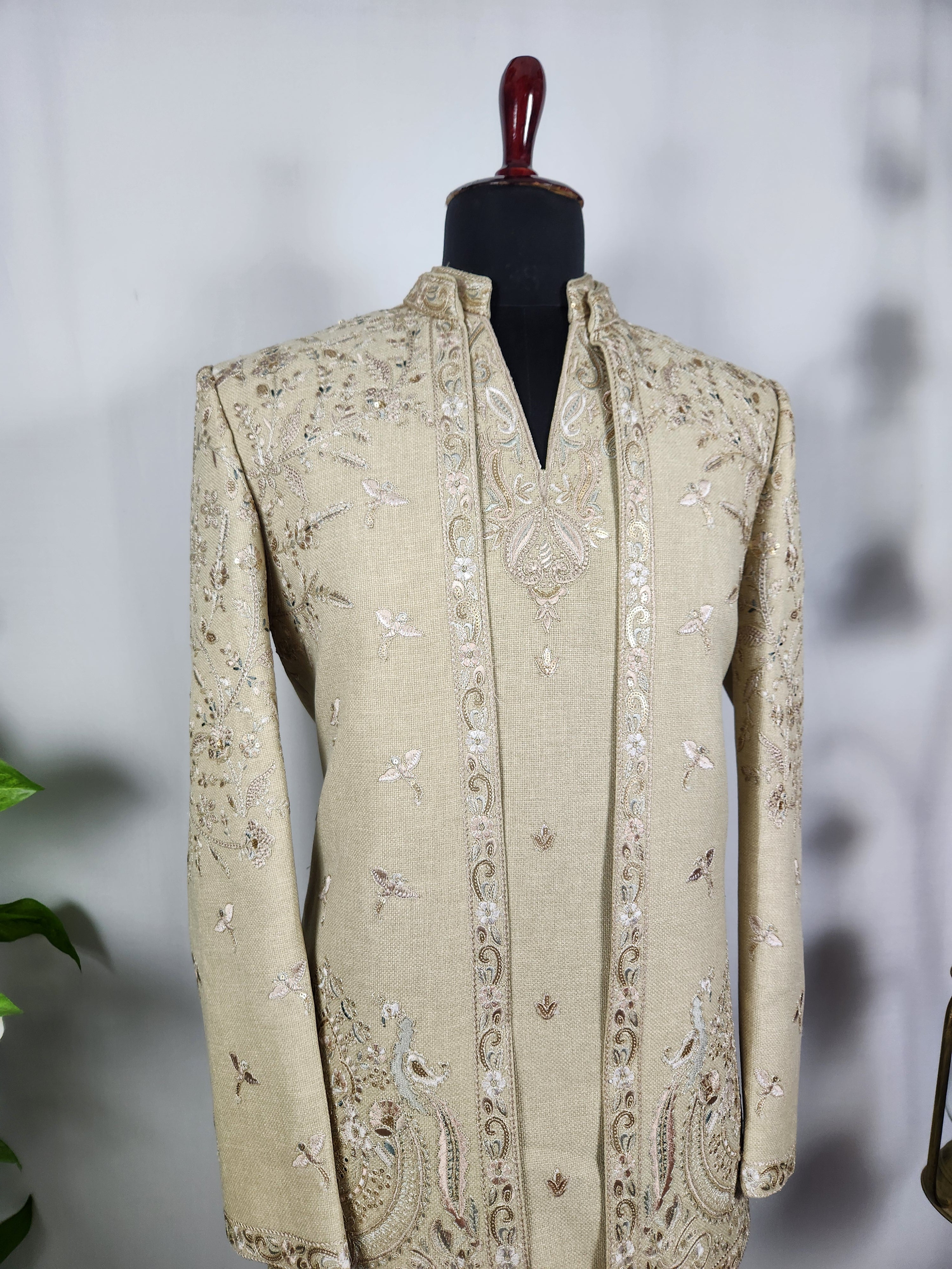 Champagne Beige Indo-Western Sherwani for Men | Indian Groom Wedding Outfit