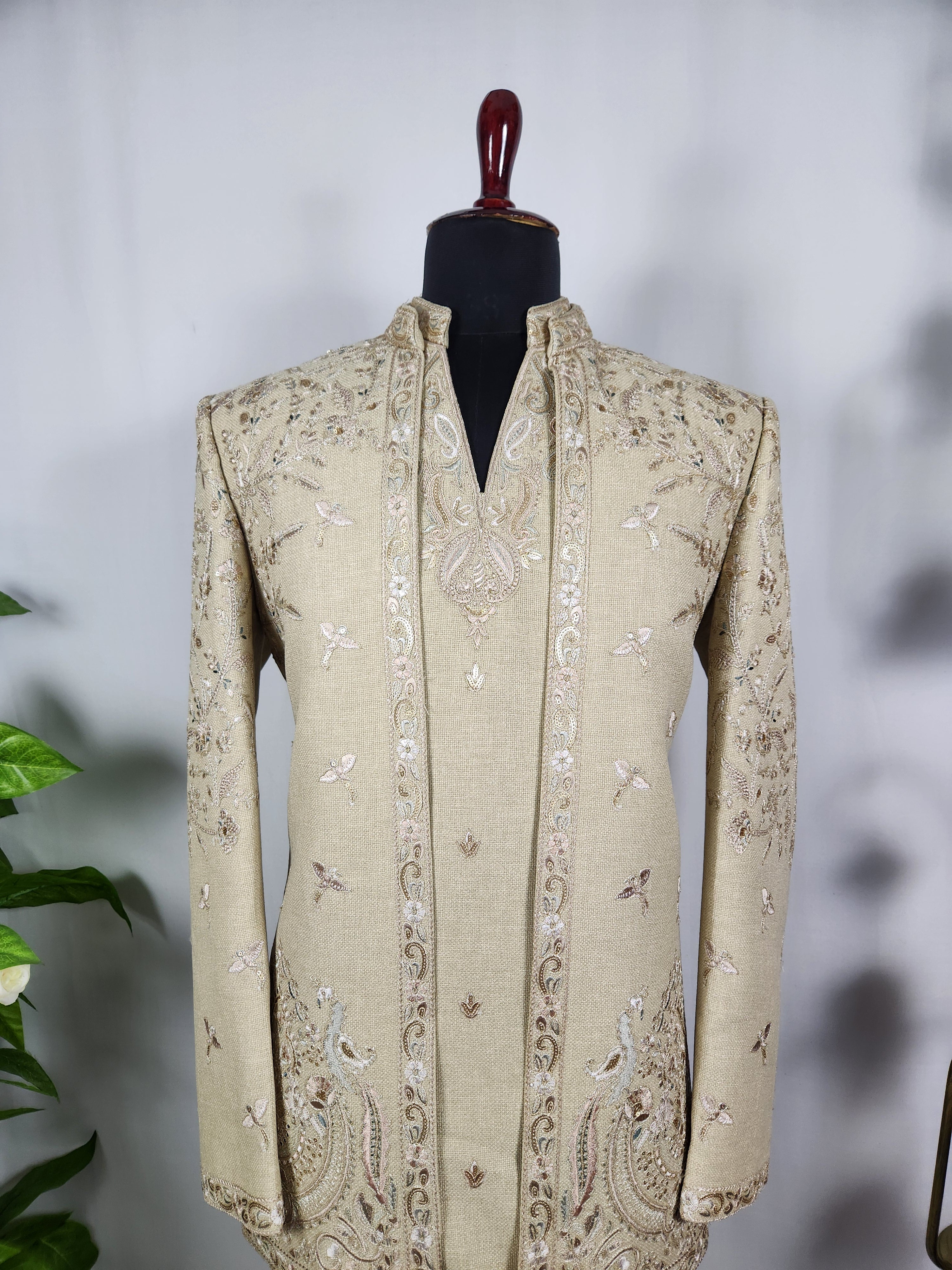 Champagne Beige Indo-Western Sherwani for Men | Indian Groom Wedding Outfit