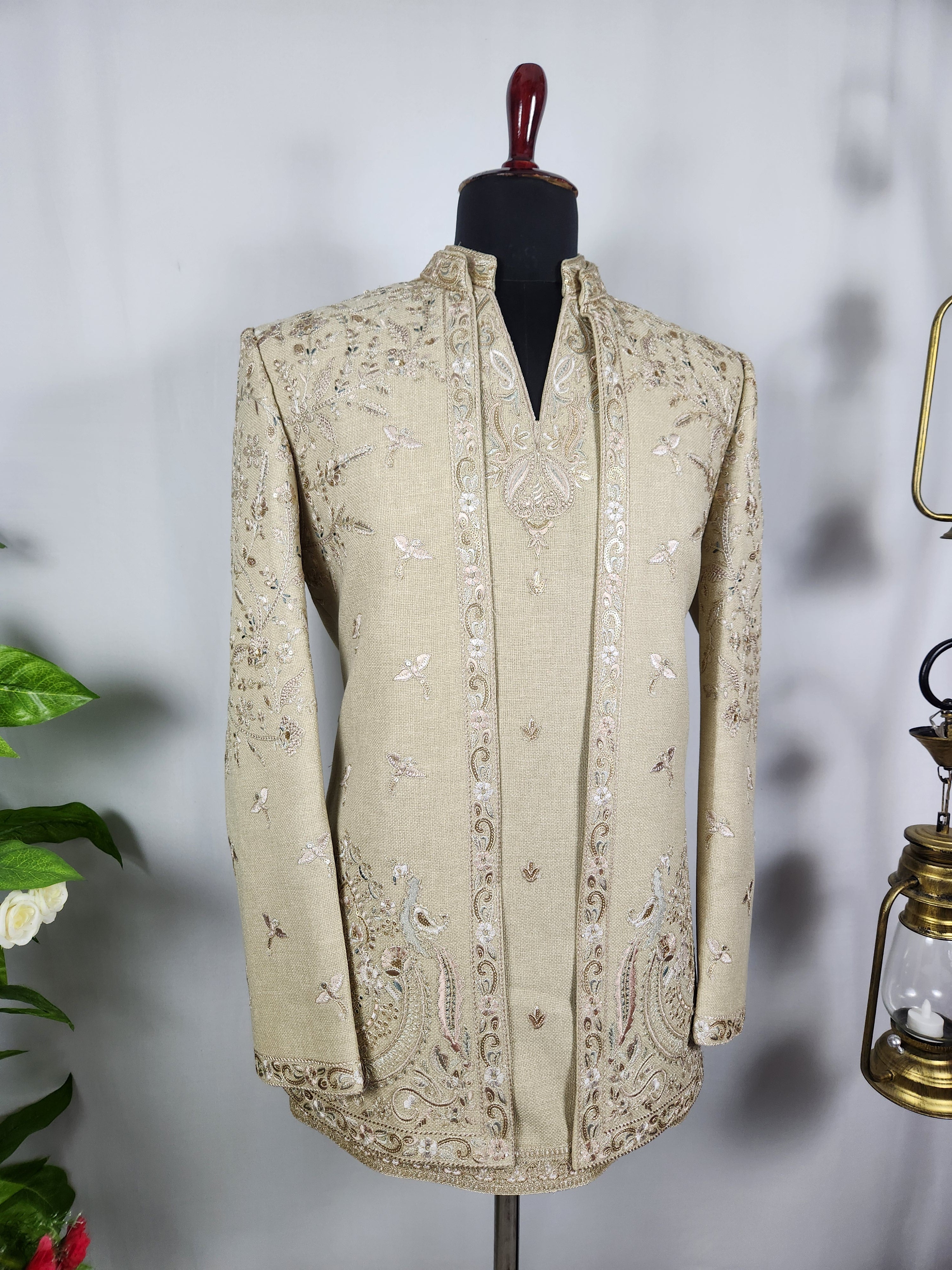 Champagne Beige Indo-Western Sherwani for Men | Indian Groom Wedding Outfit