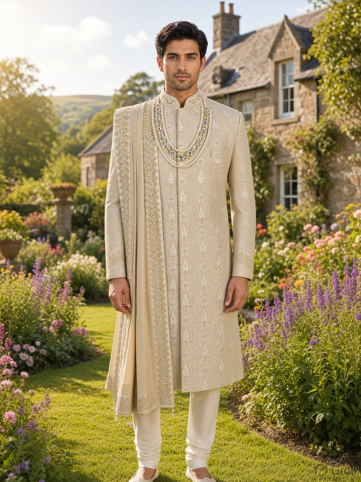 Champagne Beige Wedding Groom Sherwani - Silver Zari Embroidery  | Sherwani For Men