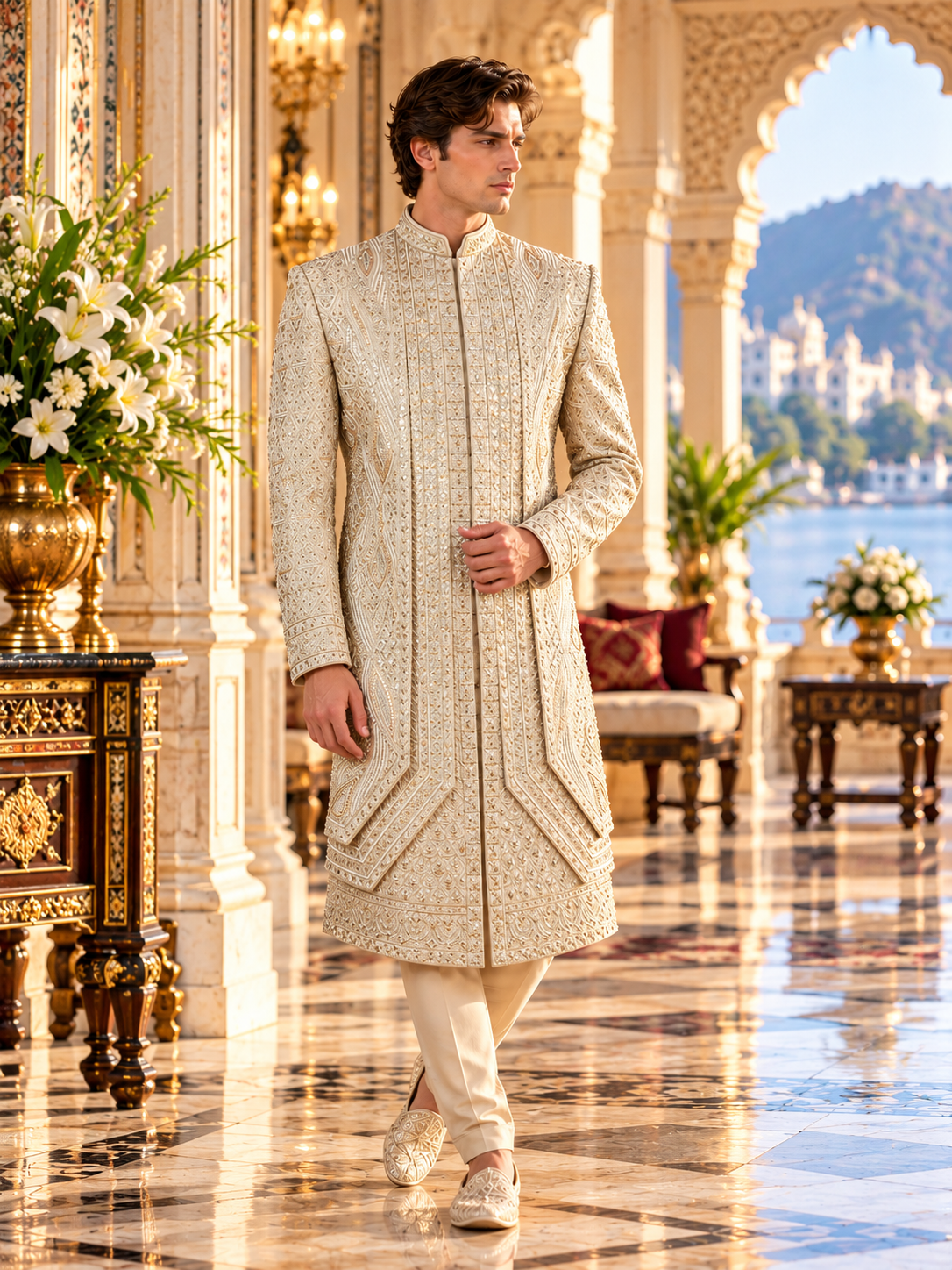 Champagne Golden Wedding Groom Sherwani - Beads Studded Triple Layered Design | Sherwani For Men