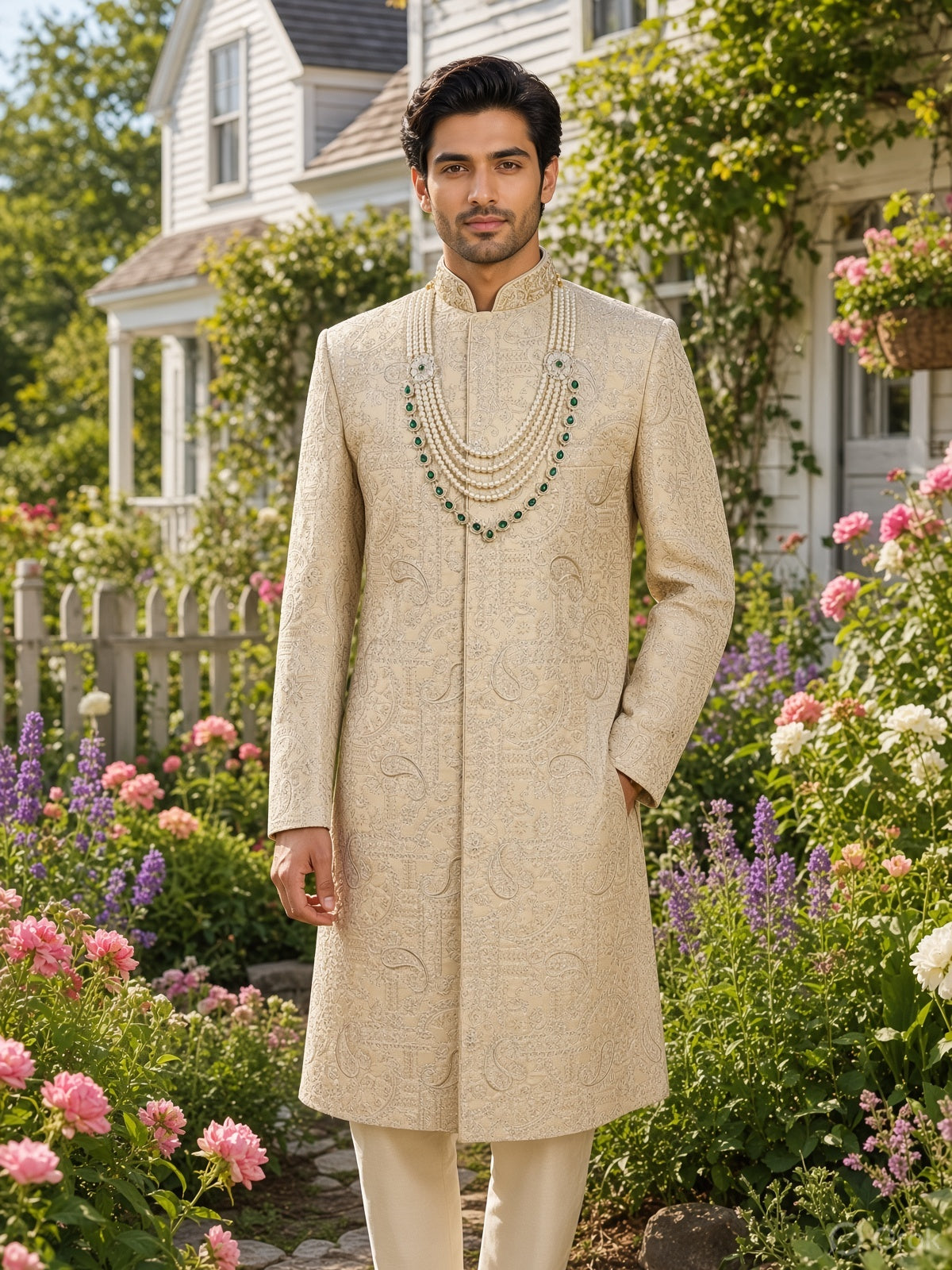 Champagne Golden Wedding Groom Sherwani - Royal Design  | Sherwani For Men