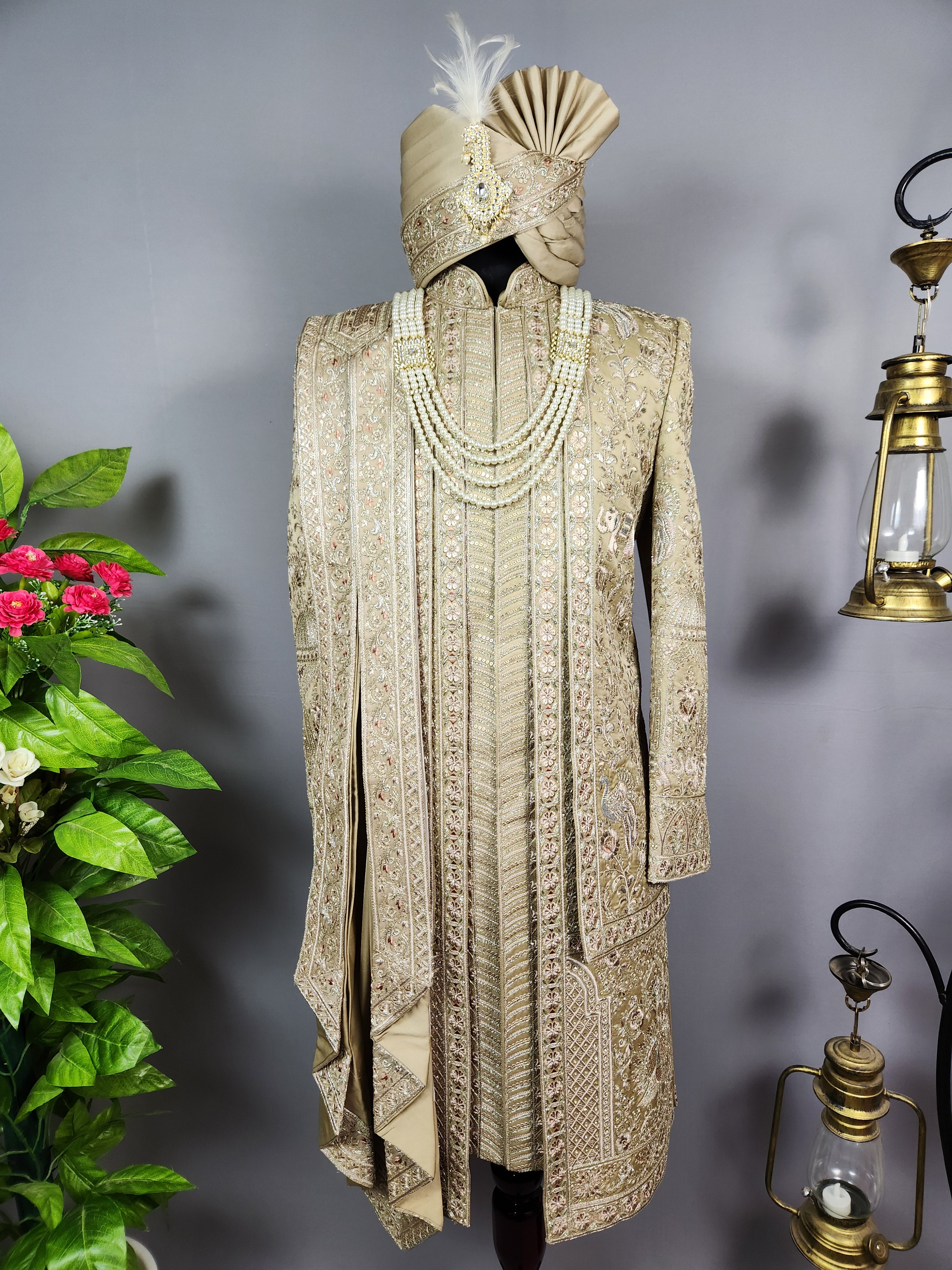 Copper Golden Groom Sherwani - Zari Embroidery| Sherwani For Men