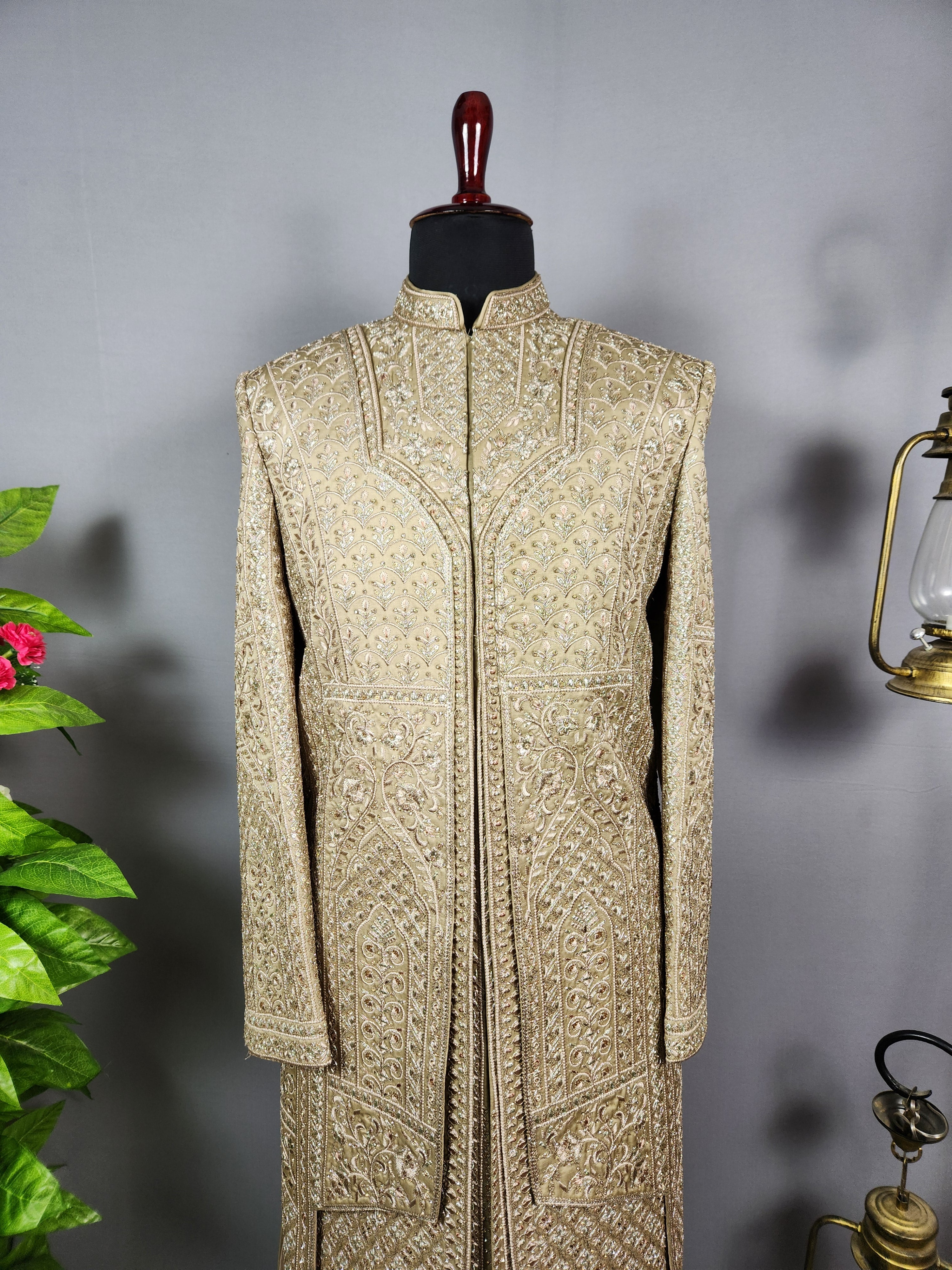 Copper Golden Groom Sherwani - Zari Embroidery| Sherwani For Men