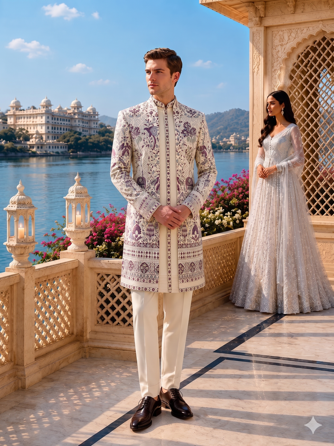 A man wearing a cream sherwani with purple floral embroidery and white trousers stands on a sunlit terrace by a lake, with a woman in a long white gown in the background..