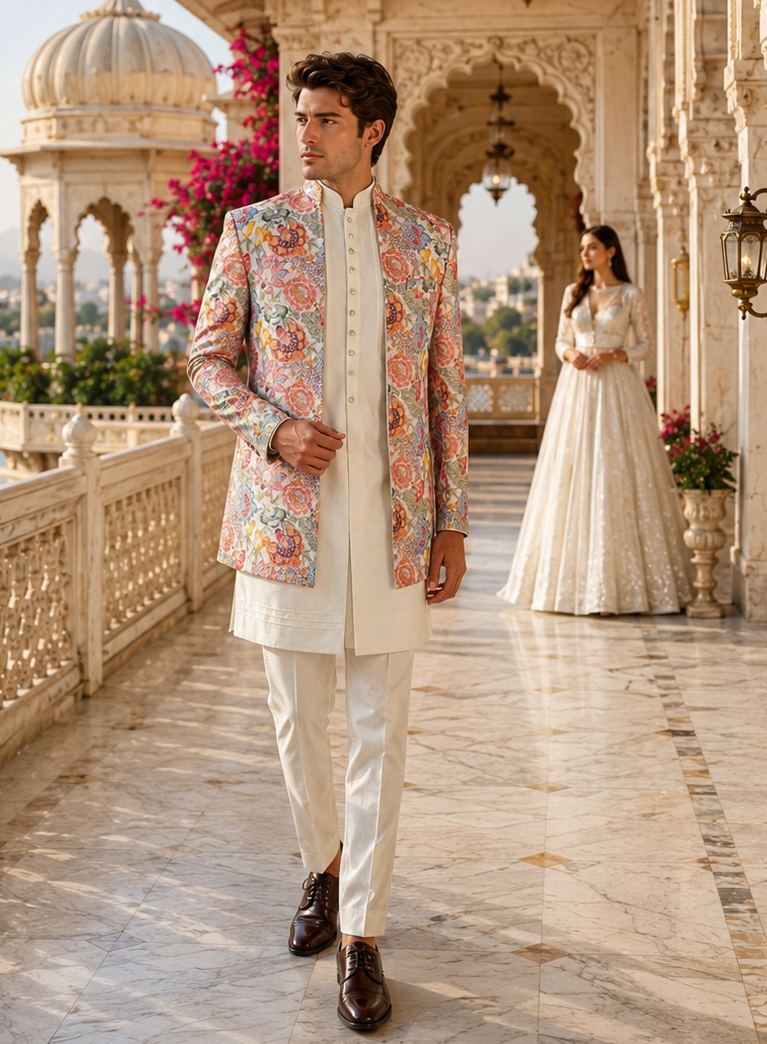 A man walks along an ornate outdoor terrace wearing a cream kurta with a heavily embroidered multicolor jacket, while a woman in a white gown stands in the background near a domed architectural structure and water..