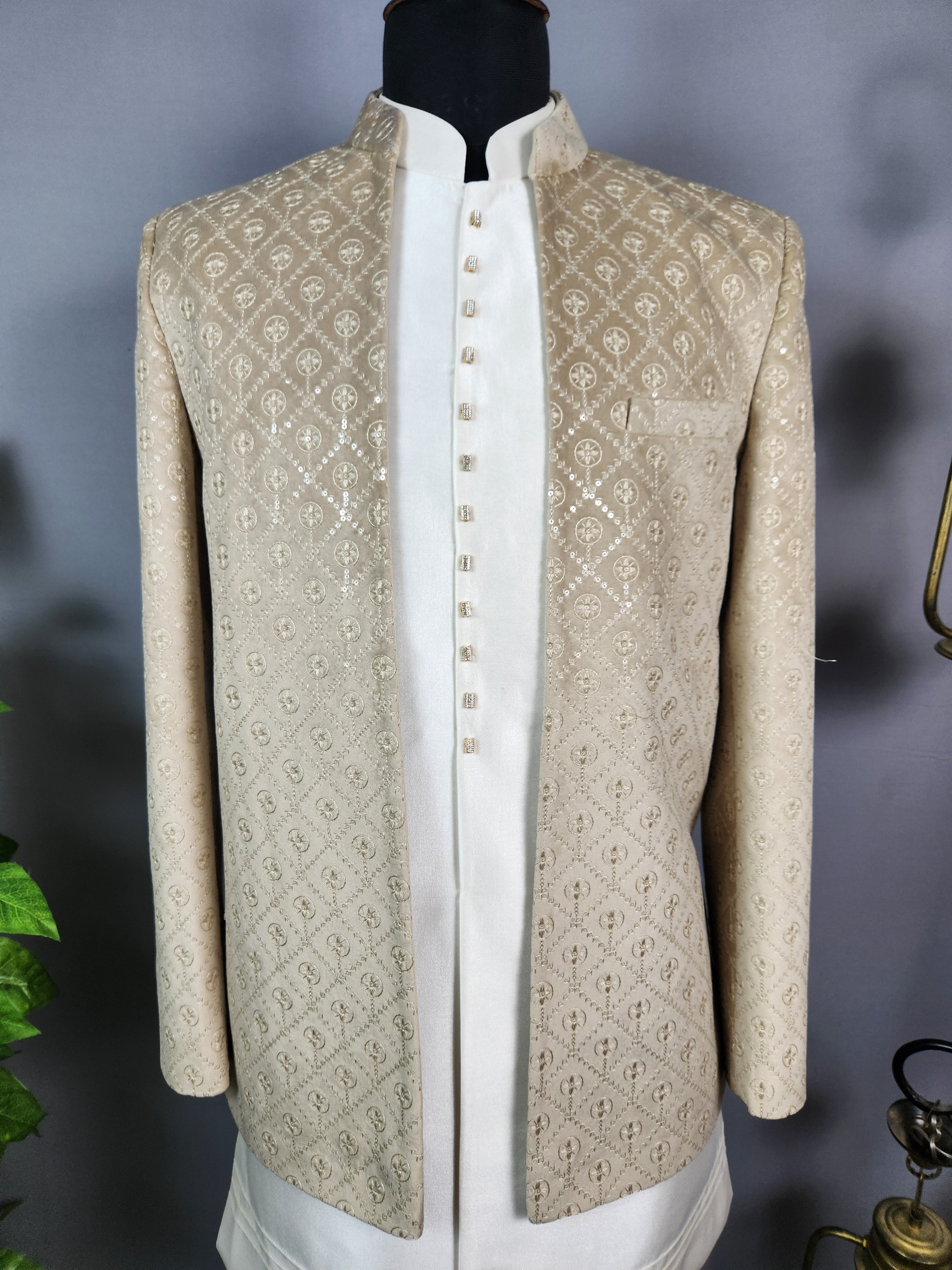 Beige Indo-Western Sherwani for Men | Indian Groom Wedding Outfit