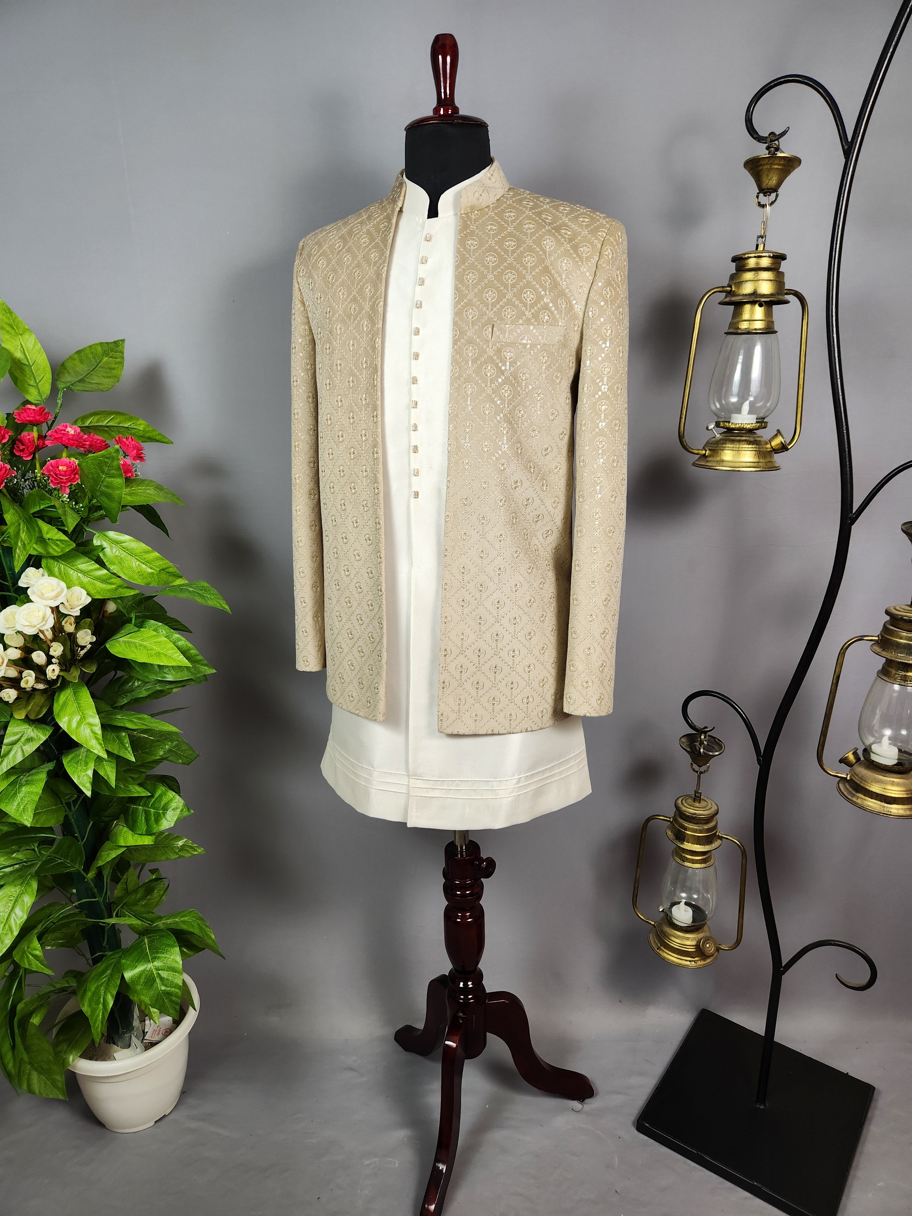 Beige Indo-Western Sherwani for Men | Indian Groom Wedding Outfit