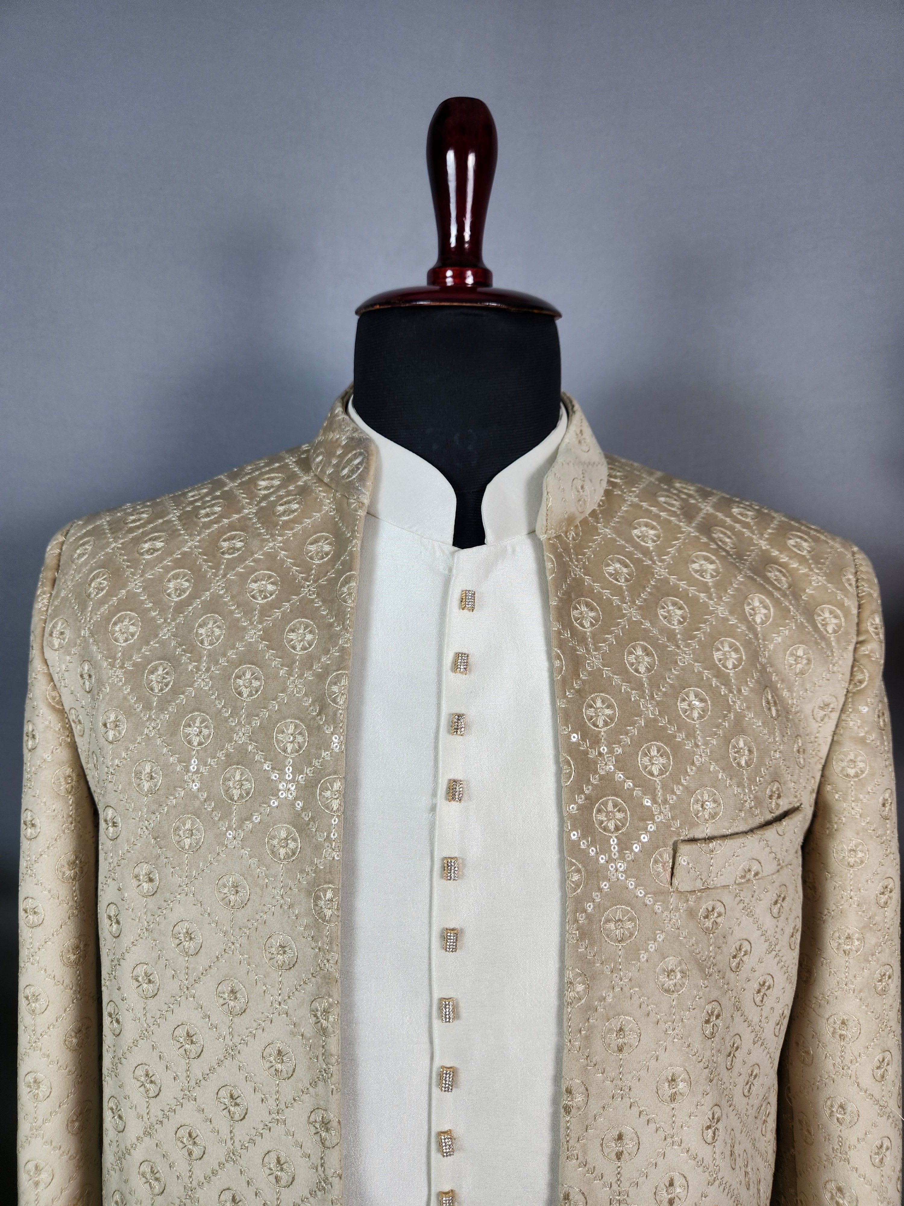 Beige Indo-Western Sherwani for Men | Indian Groom Wedding Outfit
