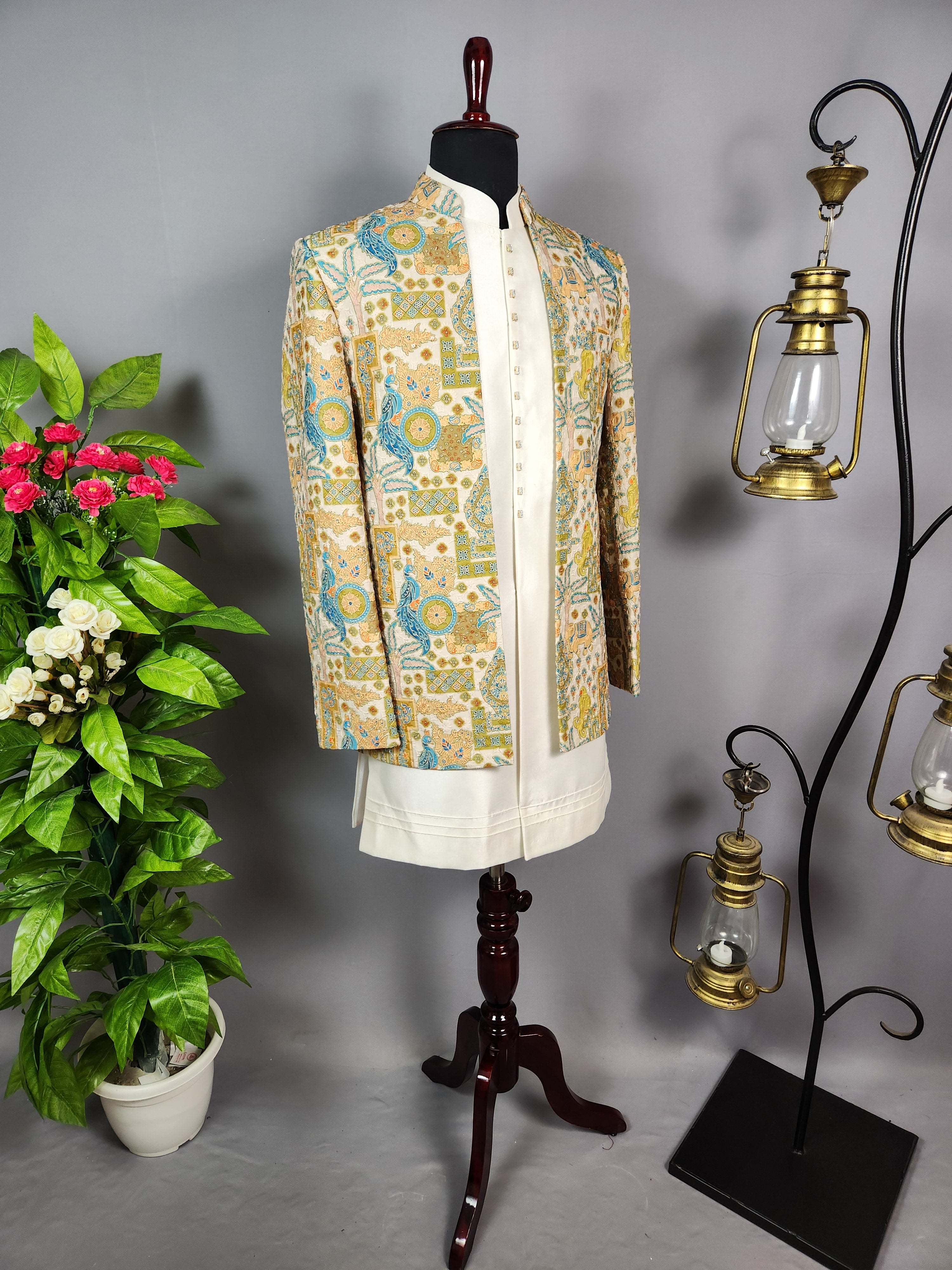 Beige Indo-Western Sherwani for Men | Indian Groom Wedding Outfit