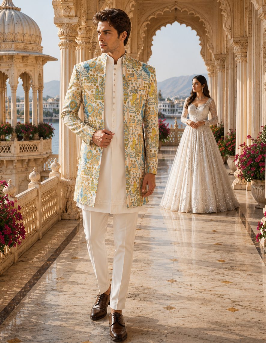 A man walks through an ornate stone corridor wearing a white kurta with a heavily embroidered light blue and gold sherwani jacket. A woman in a white gown is visible in the background under arches.