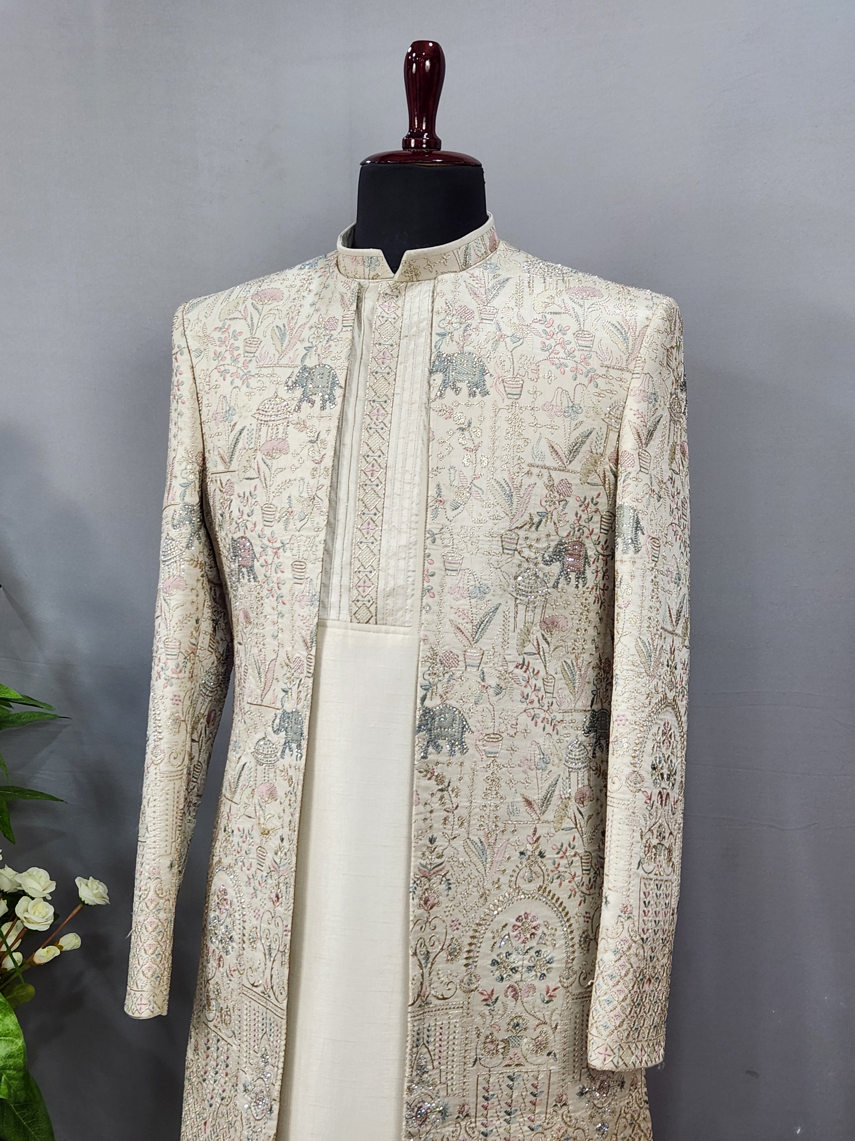Cream Indo-Western Sherwani for Men | Indian Groom Wedding Outfit