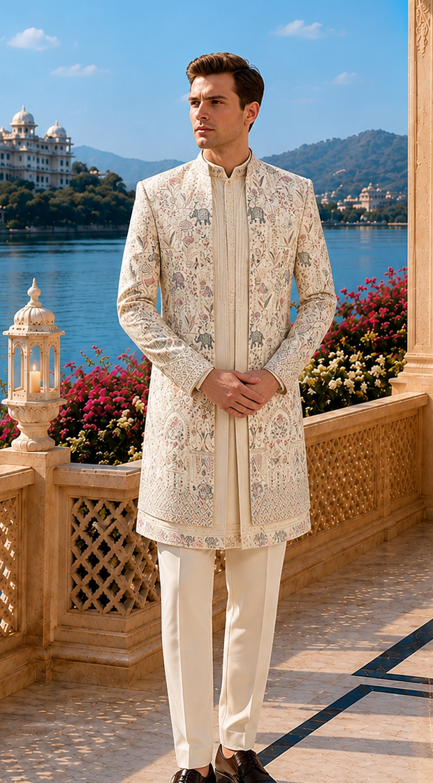 A man wearing a cream and gold embroidered sherwani jacket with white trousers stands on a stone terrace overlooking a lake with a palace in the background..