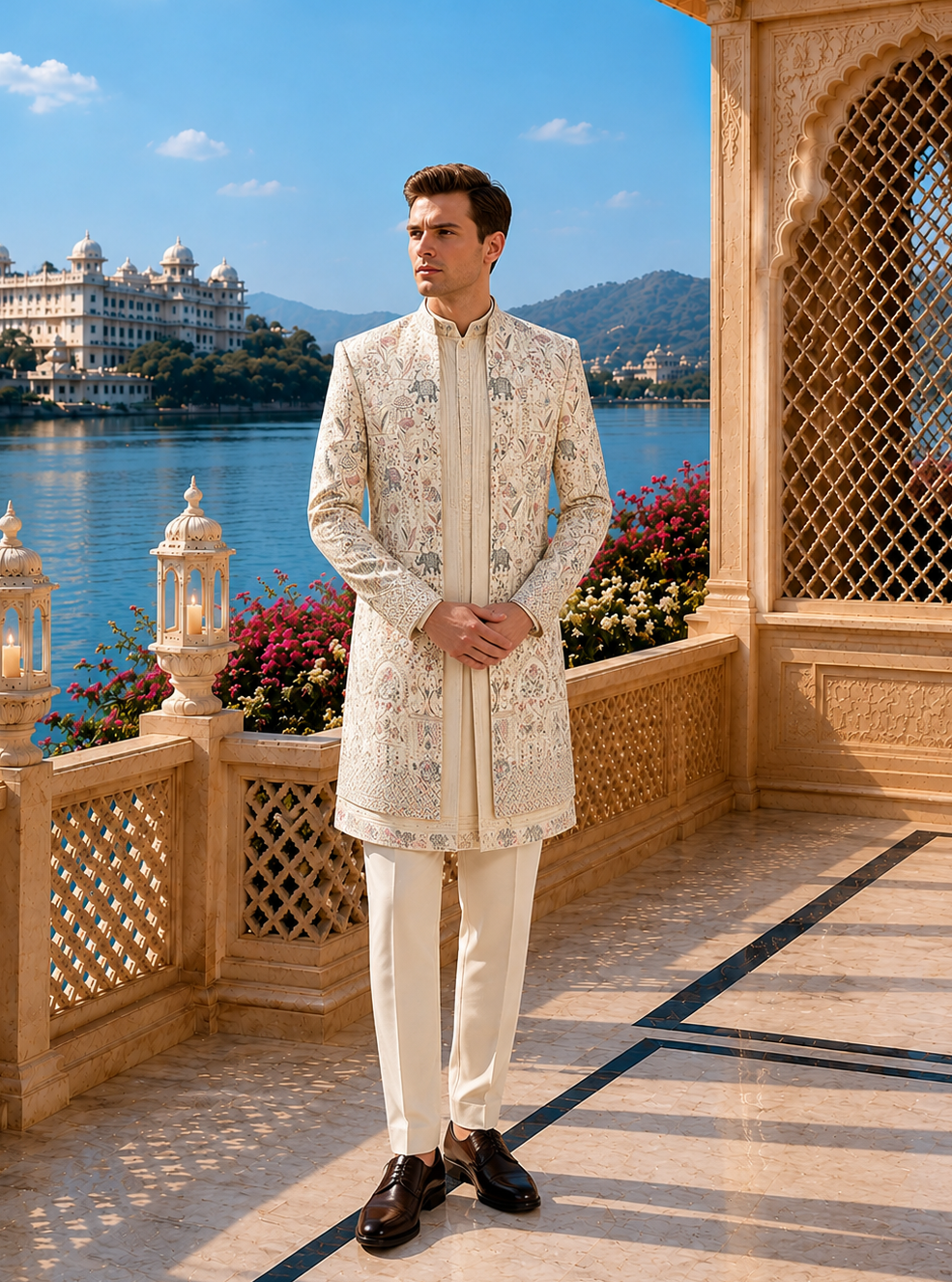 Cream Indo-Western Sherwani for Men | Indian Groom Wedding Outfit