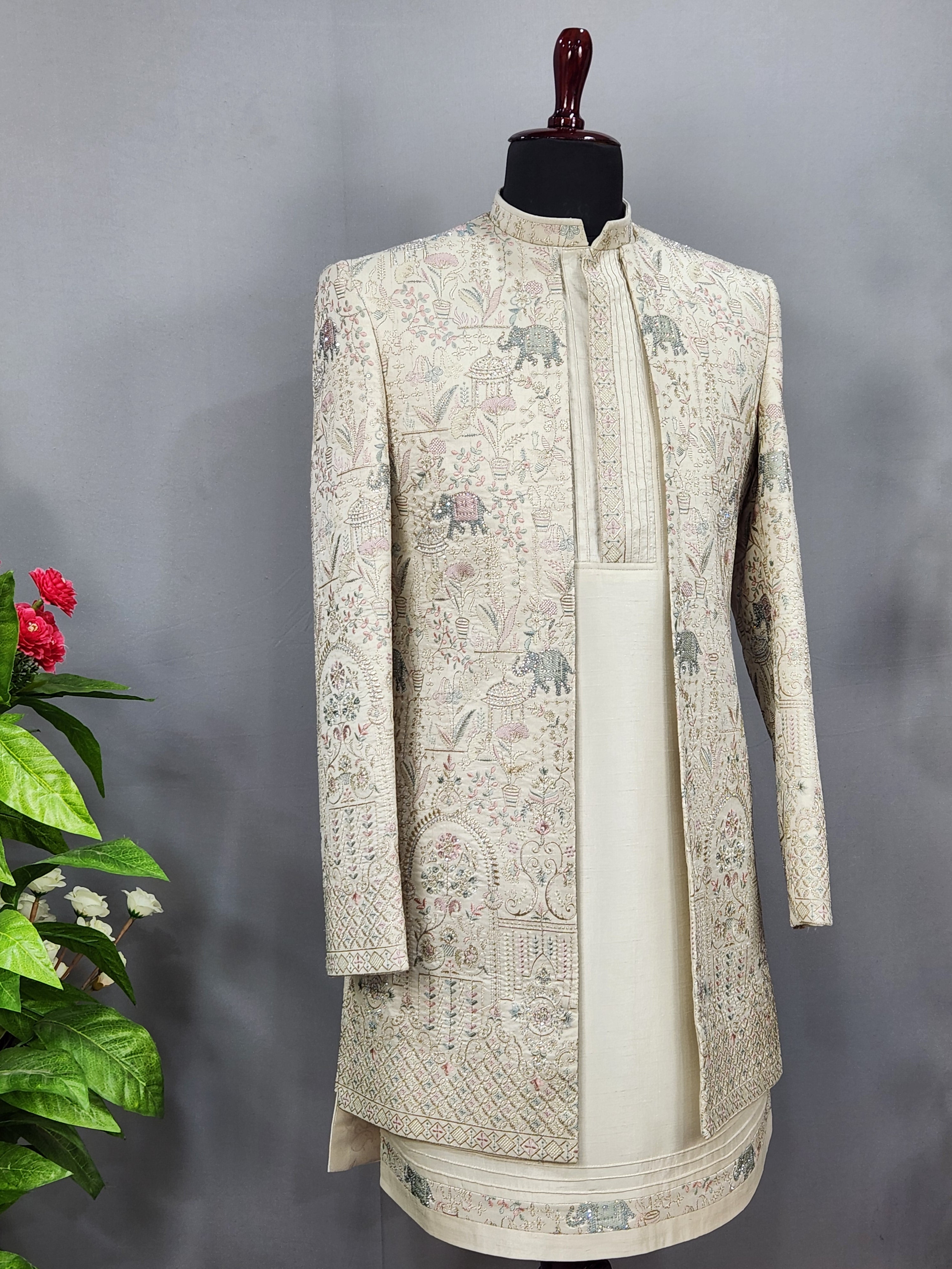 Cream Indo-Western Sherwani for Men | Indian Groom Wedding Outfit